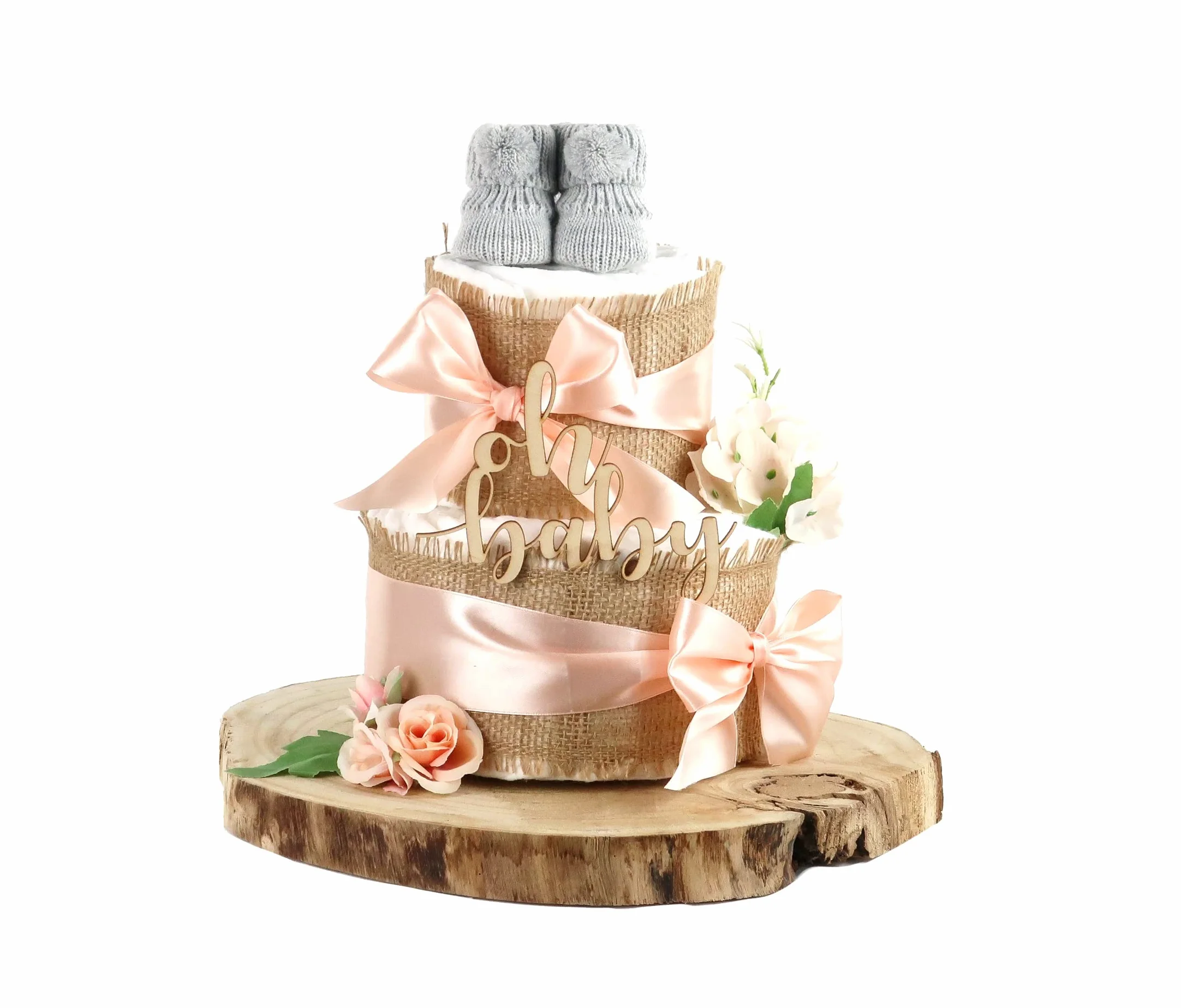 Tarta de pañales TODO JUTE | para nacimiento (2 pisos, albaricoque)