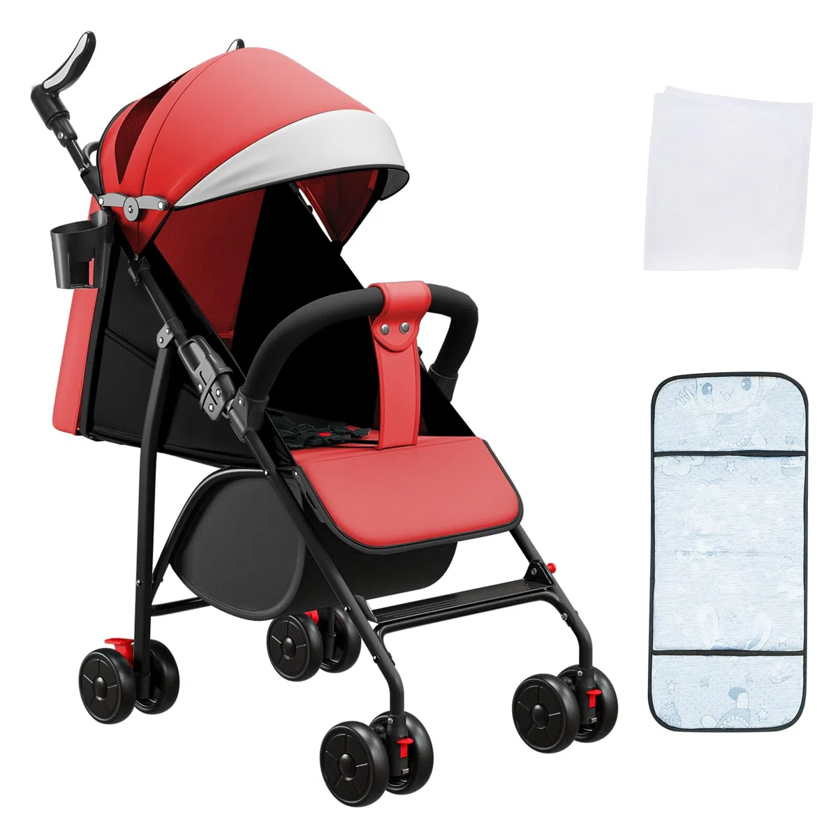 Cochecito de bebé ligero y compacto 0 meses a 4 años, 25 kg, plegable, respaldo reclinable, plegado automático en 1 paso, dosel - rojo