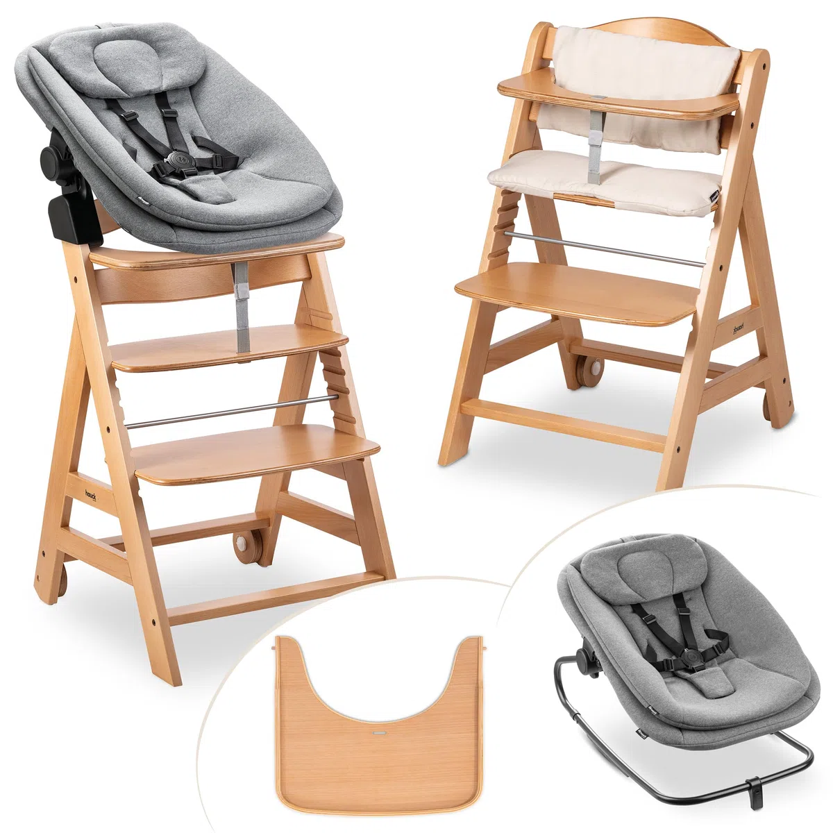 hauck Beta Plus Trona Bebé Newborn Set con Highchair Bouncer - Natural | Silla alta evolutiva con ruedas desde nacimiento | incl. Highchair Bouncer, bandeja y cojín