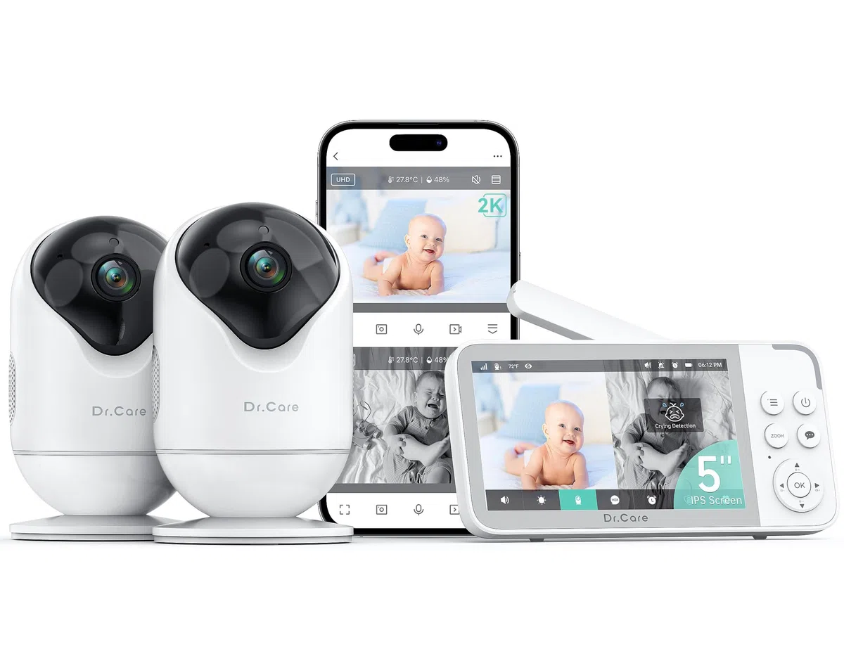 Dr.Care VistaView Monitor de Bebé WiFi 5” 1080P, 2 Cámaras 2K, Visión Nocturna HD, Alertas de Llanto y Movimiento, Batería 5000mAh, Comunicación Bidireccional, Vigilabebés con Cámara, Alcance 390m