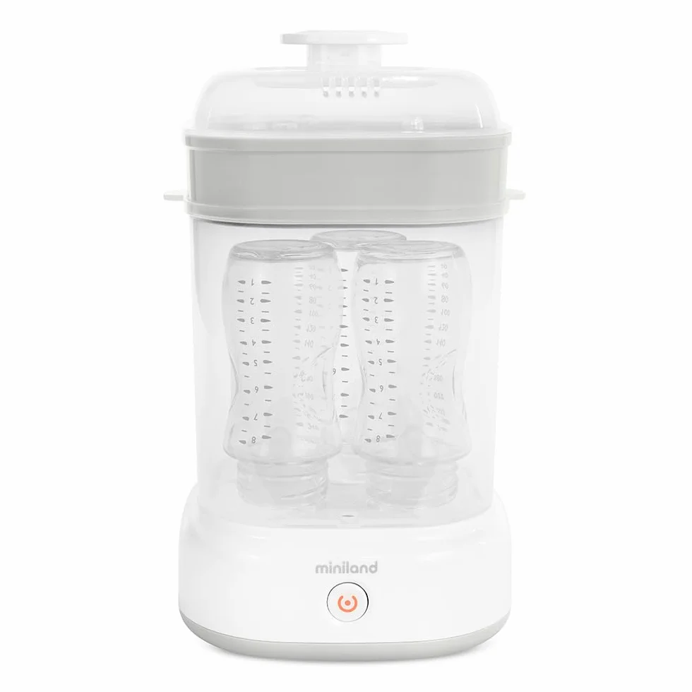 Miniland - Mini Steamy Esterilizador a Vapor, Gran Capacidad para Biberones, Chupetes y Tetinas, Unisex, Apto para Lavavajillas, Automático, Sin Químicos (Blanco)