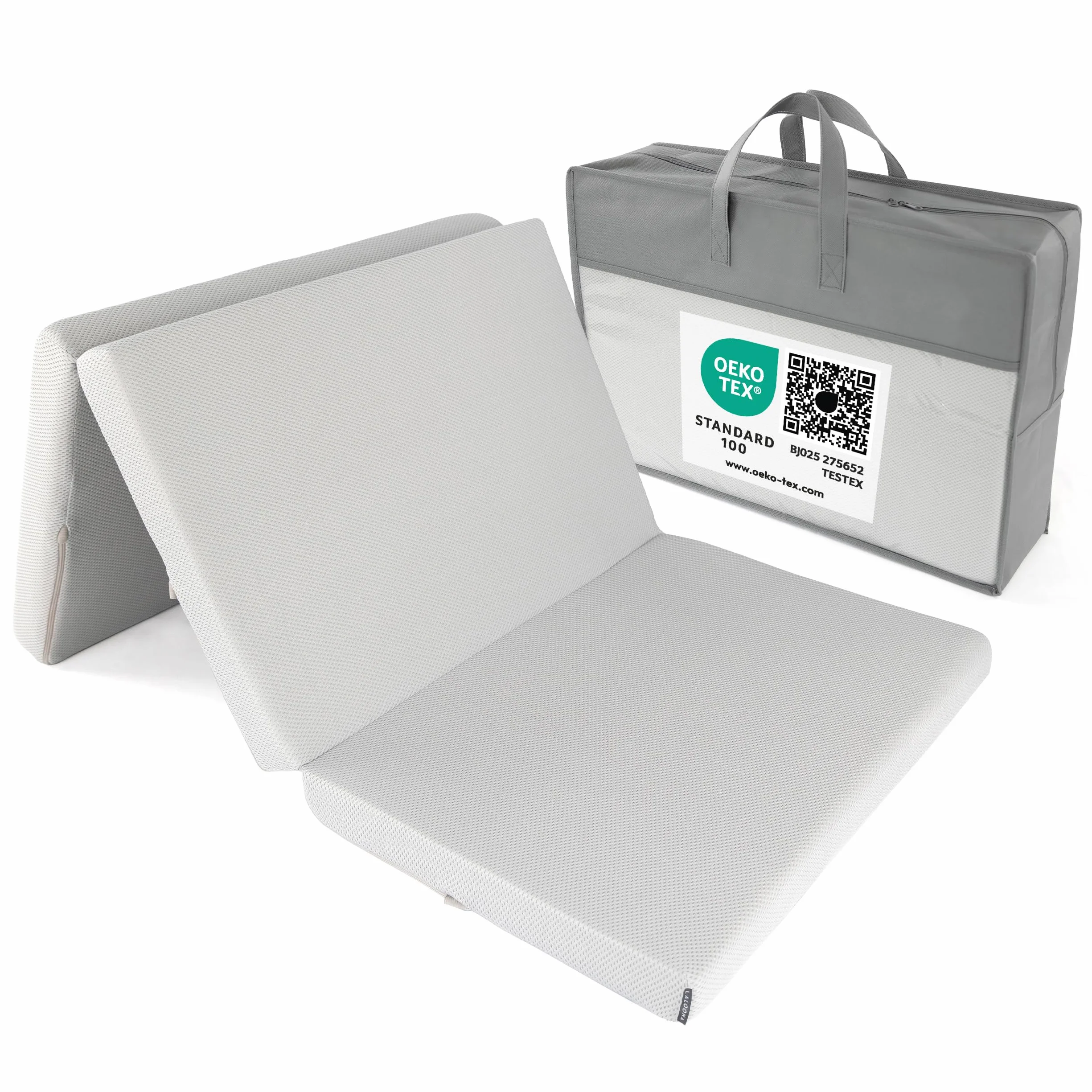 LaLoona Colchon Cuna 60x120 cm de Viaje Portátil | Apto para Parque Infantil - 5 cm Grosor – Plegable con Funda Extraíble - Bolsa de Transporte - Transpirable - Lavable - Certificado Oeko-Tex - Gris