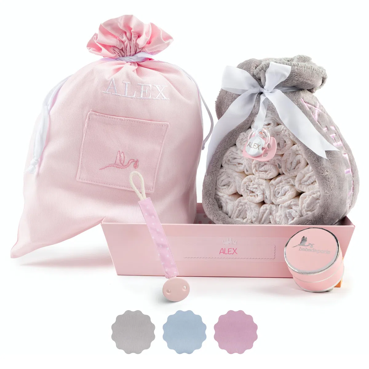 Tarta de Pañales para Recién Nacida con Manta Bordada + 15 Pañales Talla 2 + Chupete Personalizado Rosa | BebeDeParis