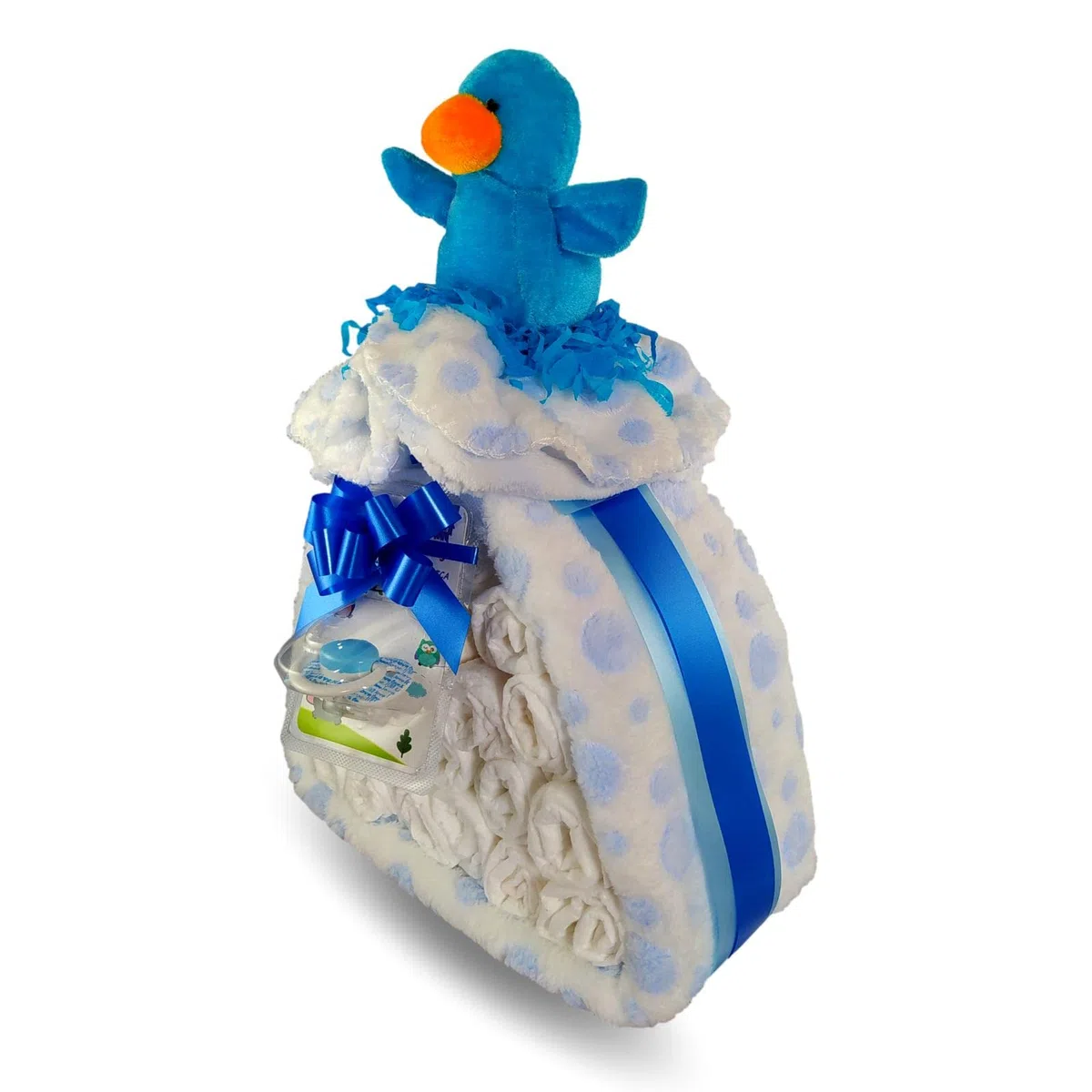Tarta De Pañales Cigüeña Para Niño Con Manta, Chupete, Peluche y Pañales Dodot