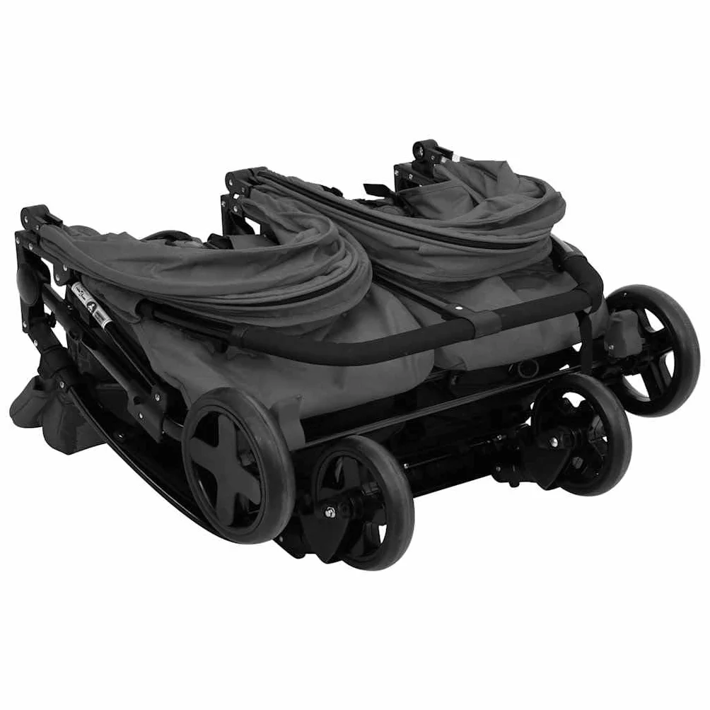 vidaXL Carrito para Gemelos Cochecito Sillita Gemelar Silla de Paseo Canasta Niños Reposapiés Ajustable Dosel Plegable de Acero Gris Oscuro y Negro