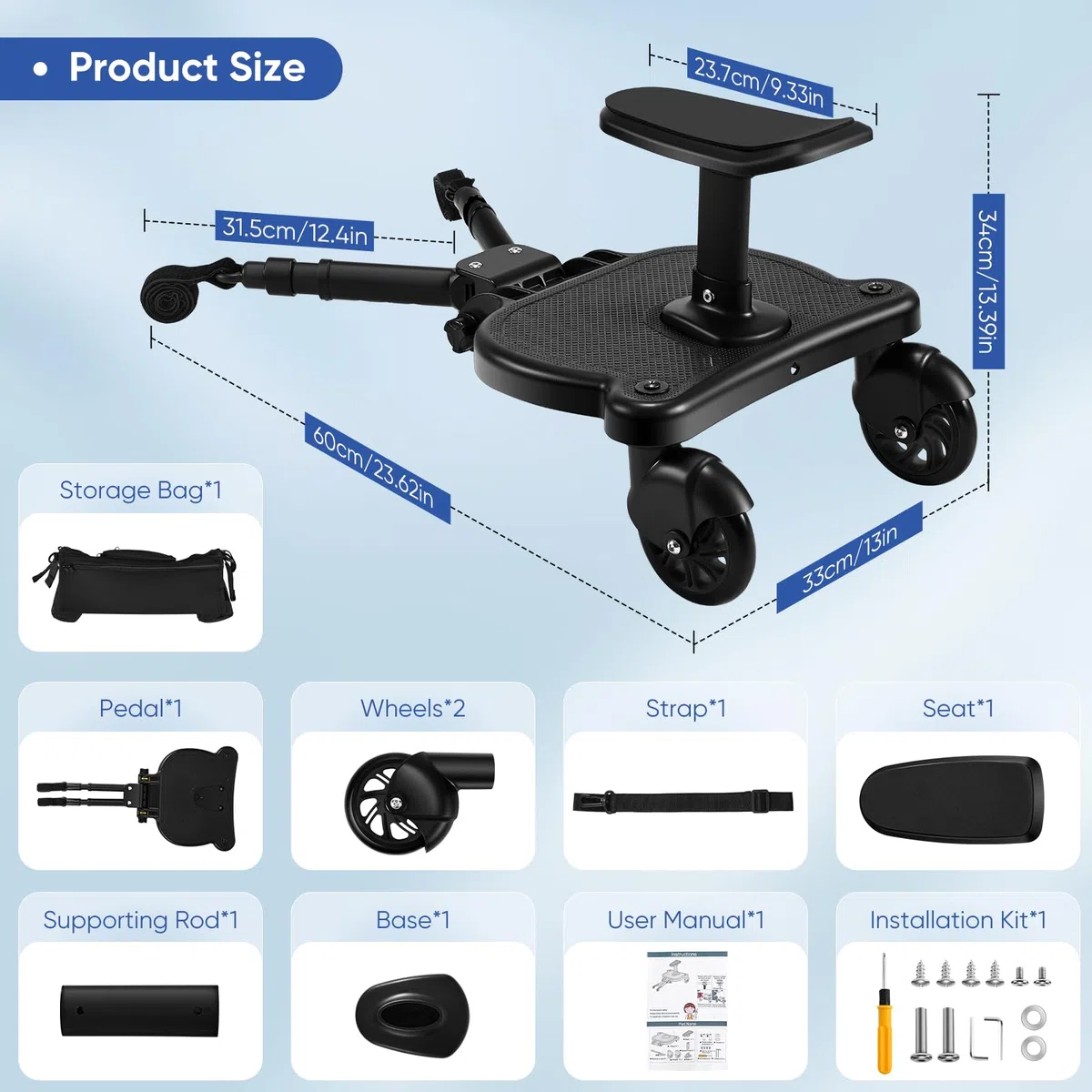 Mevip Patinete Carro Bebe Universal, Buggy Board con Asiento, Tabla para Cochecito con Bolsa de Almacenamiento, Accesorio para Cochecito para Niños de 2 a 6 Nños (55 LB)