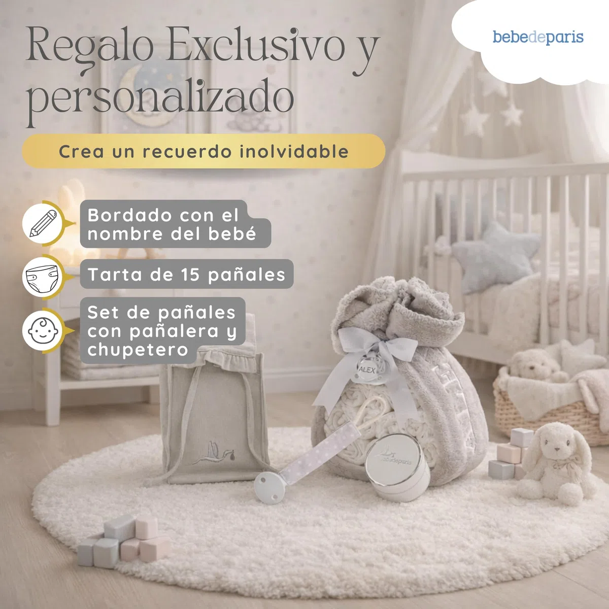 Tarta de Pañales para Recién Nacida con Manta Bordada + 15 Pañales Talla 2 + Chupete Personalizado Neutro | BebeDeParis