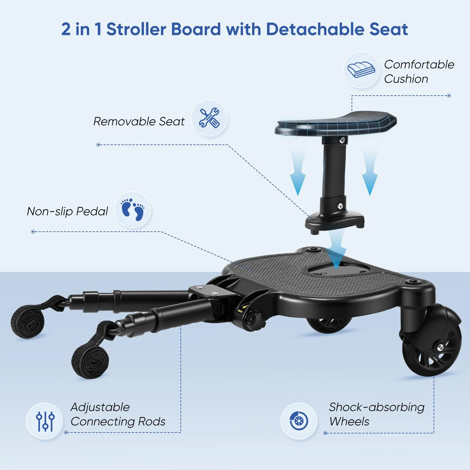 Mevip Patinete Carro Bebe Universal, Buggy Board con Asiento, Tabla para Cochecito con Bolsa de Almacenamiento, Accesorio para Cochecito para Niños de 2 a 6 Nños (55 LB)