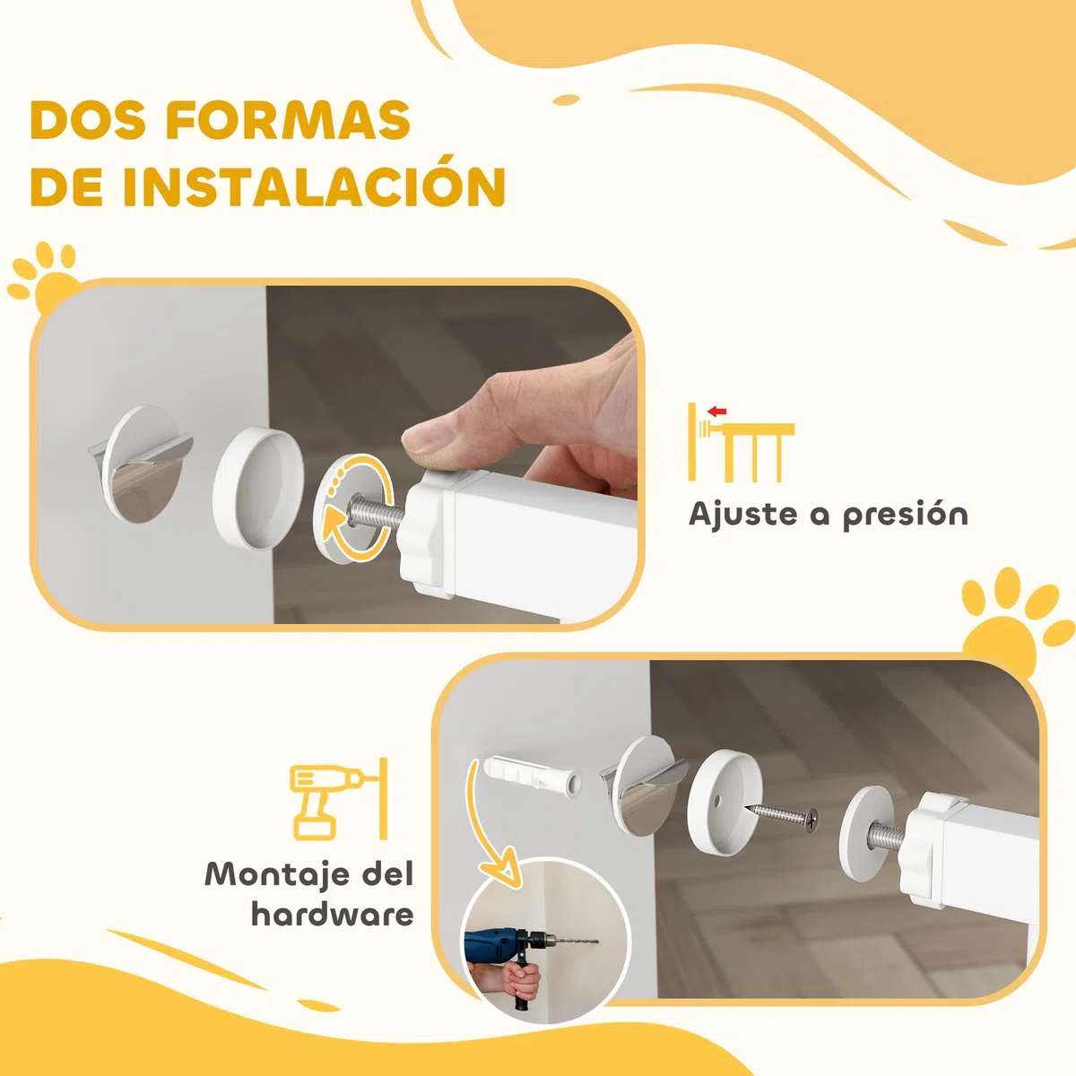 PawHut Barrera para Perros con Cierre Automático, Puerta para Perros 76-104 cm, Barrera de Seguridad con 2 Extensiones 7/14 cm, Fácil Montaje, Doble Bloqueo, para Escaleras y Puertas, Blanco