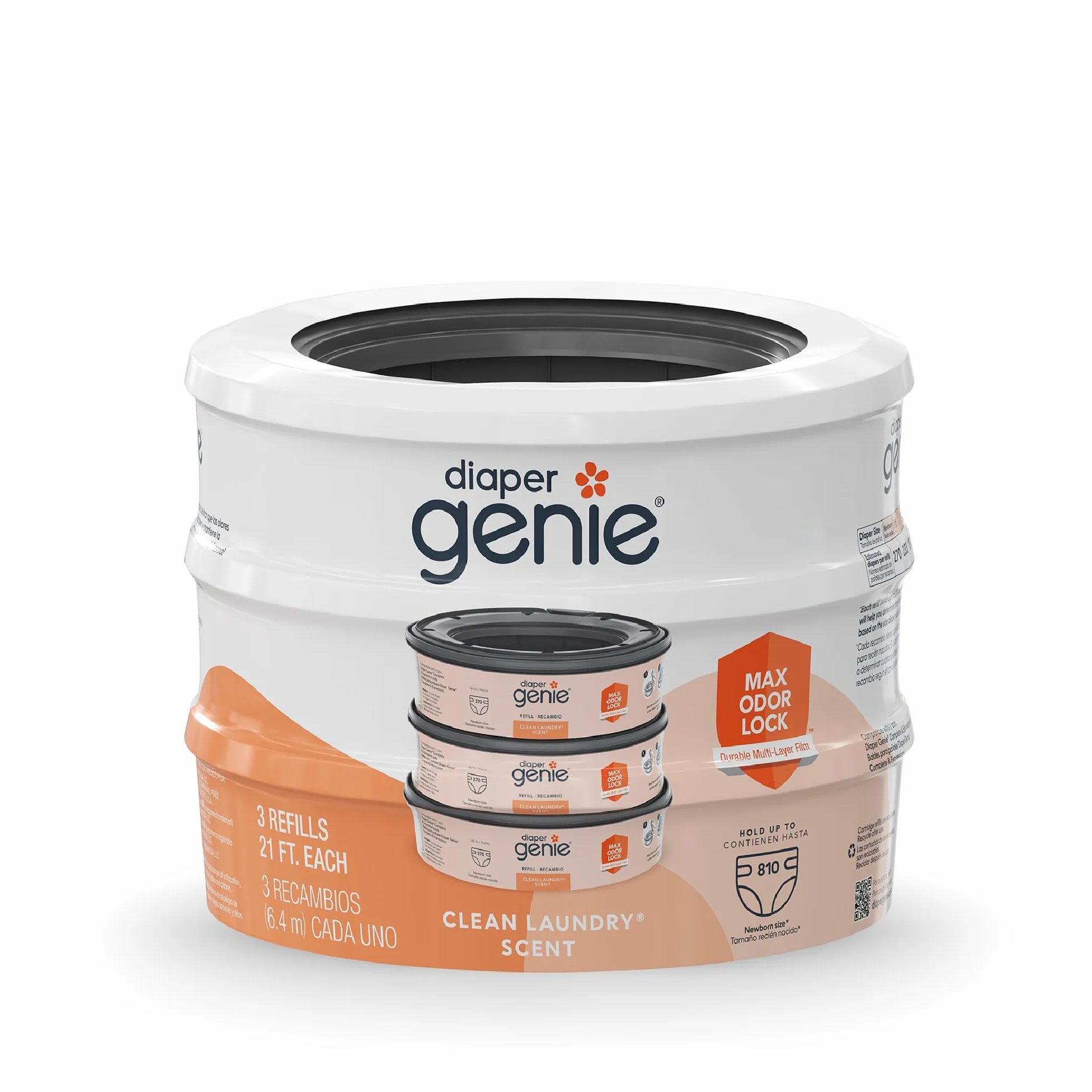 Diaper Genie Bolsas de repuesto de 270 unidades (paquete de 3) aroma limpio para ropa sucia | Recambios de cubo de pañales con bloqueo máximo de olor | Capacidad para hasta 810 pañales para recién