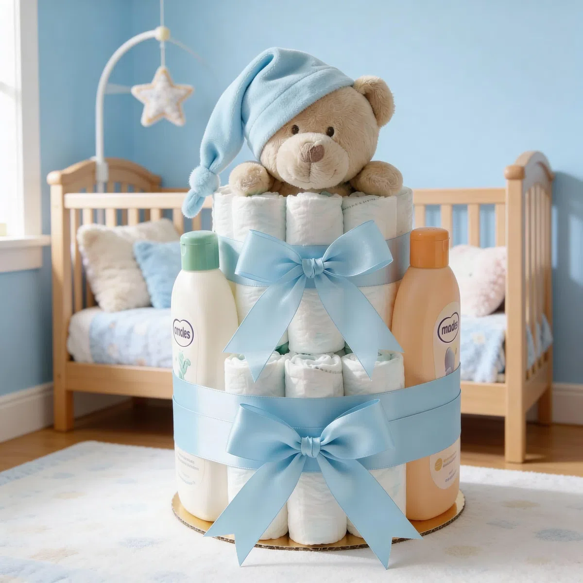 Tarta de Pañales | Pastel de Pañales para Niño | Regalo Original para Recién Nacido | Regalo para Bebé | Modelo Nenuco Doudou Azul - MyLittleBabies