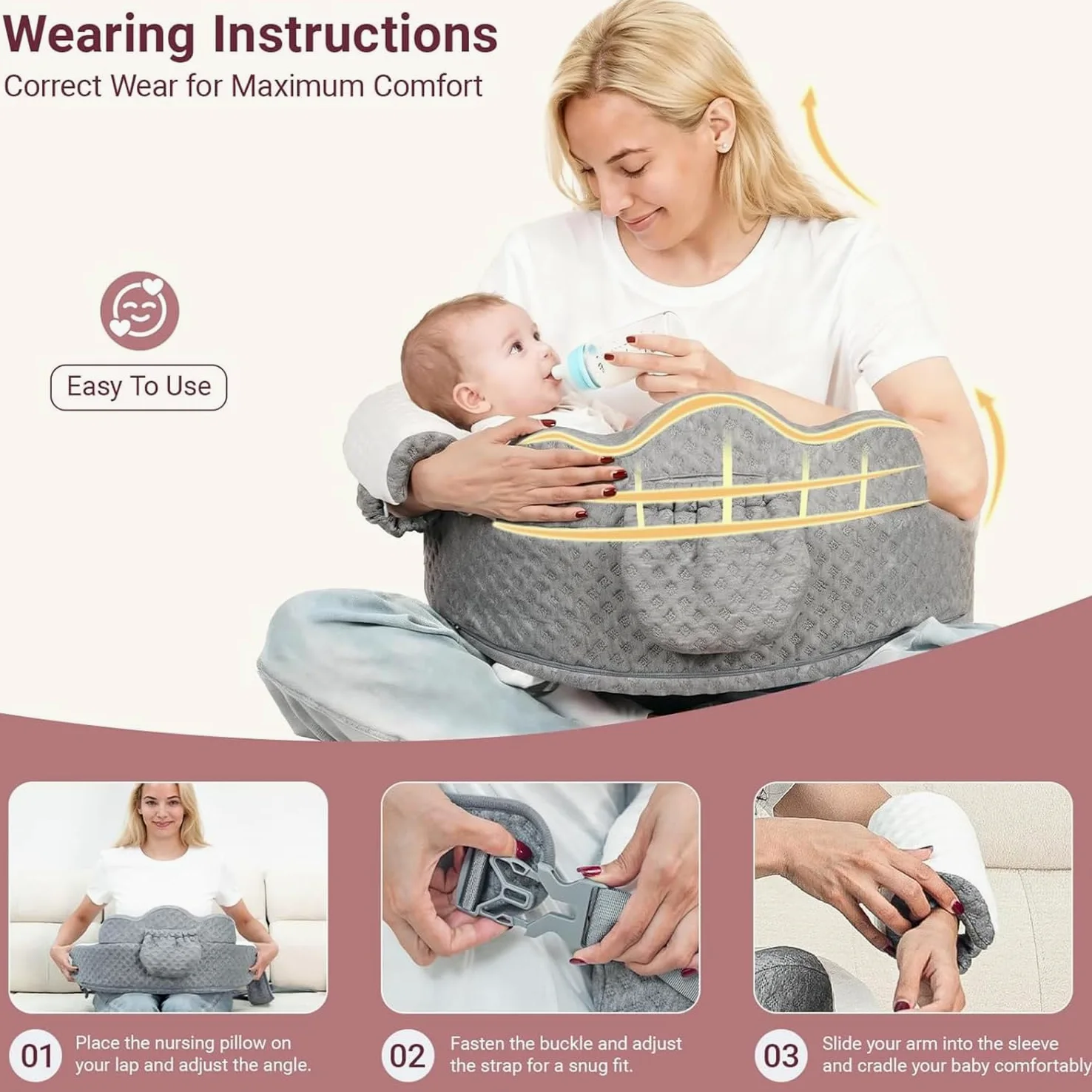 Cojin Lactancia,Almohada Lactancia,Almohada de Lactancia de Espuma viscoelástica con Funda extraíble, diseñada ergonómicamente para una Comodidad Universal (Gris)