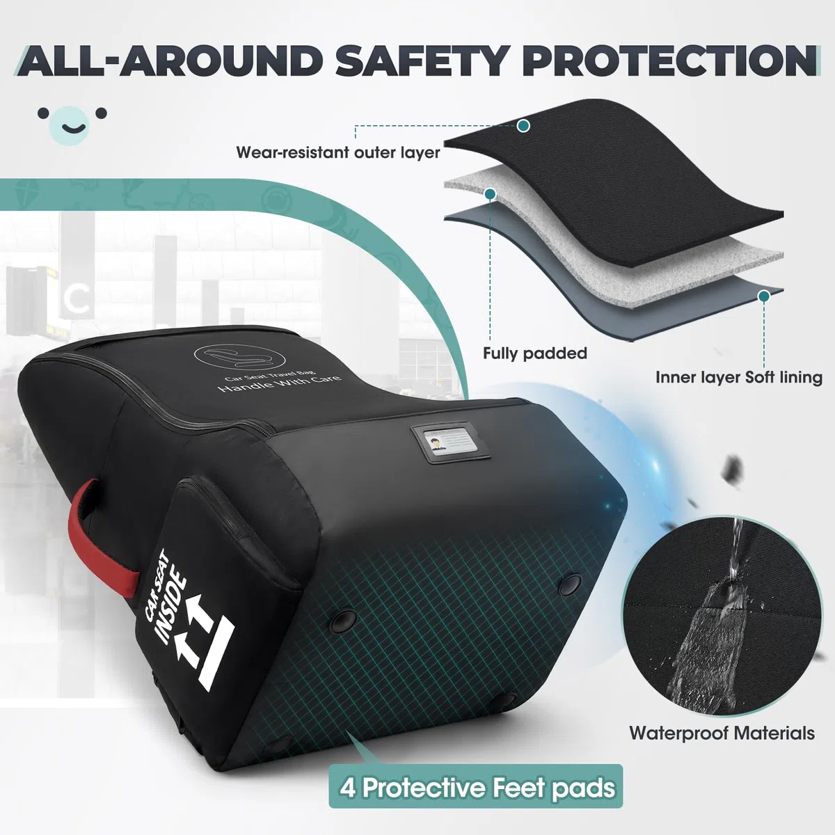 RAINSMORE Mochila Bolsa de Viaje para Silla de Coche de Bebé, Bolsa Acolchada para Asiento de Coche para Avión, Protectora para Porta Sillas Infantiles Impermeable para Aeropuerto, Negro