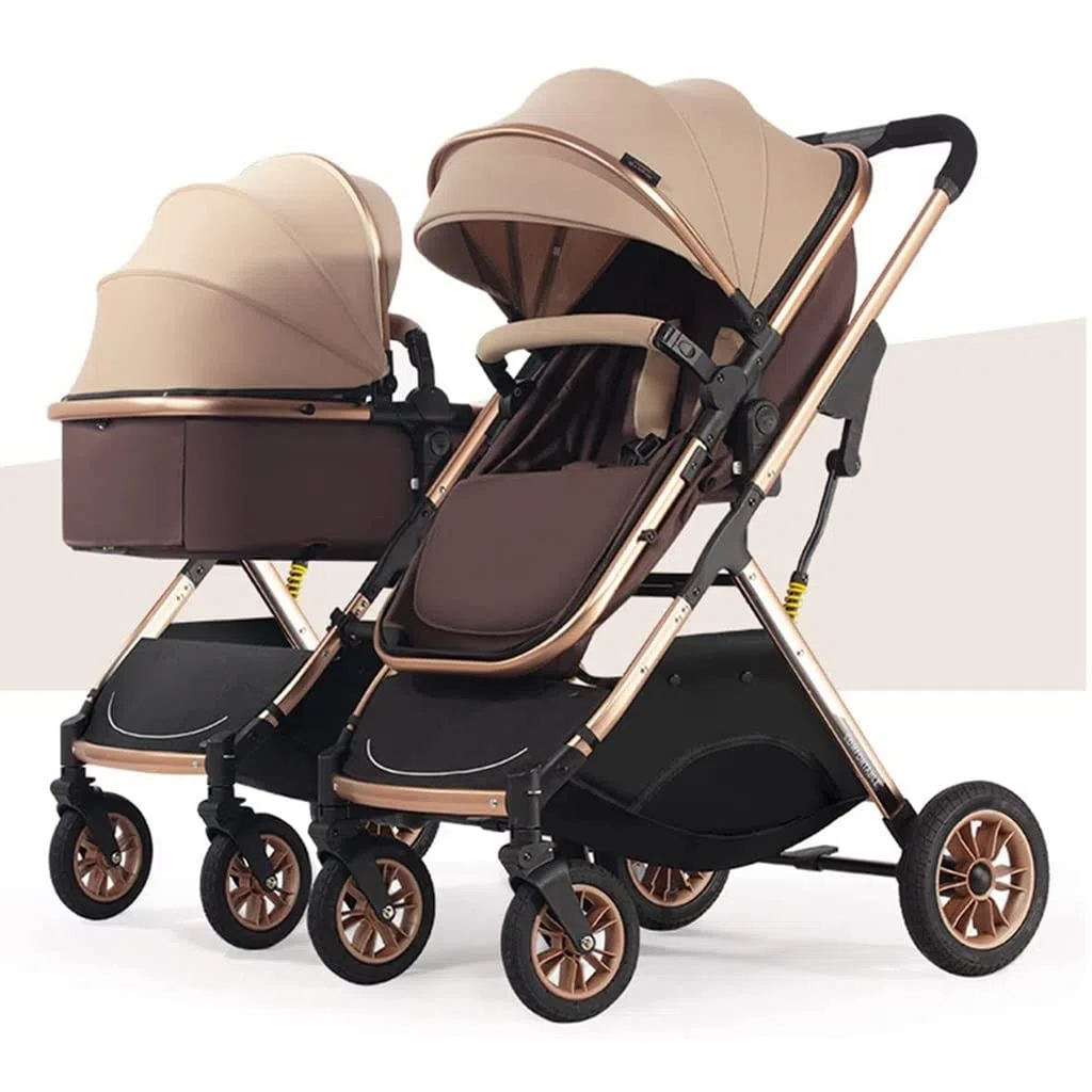 Cochecito para bebés gemelos, cochecito doble para bebés, cochecito para niños gemelos lado a lado, cochecito doble plegable tándem de asiento doble con paisaje alto plegable (Oro)