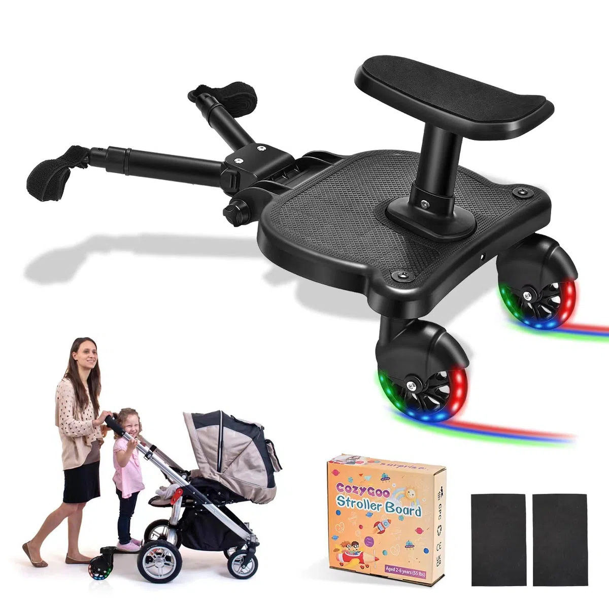 Patinete Carro Bebe Universal, Buggy Board con Asiento y Ruedas LED, Accesorio para Cochecito, Para Niños de 2 a 6 Nños, Cargar 25KG