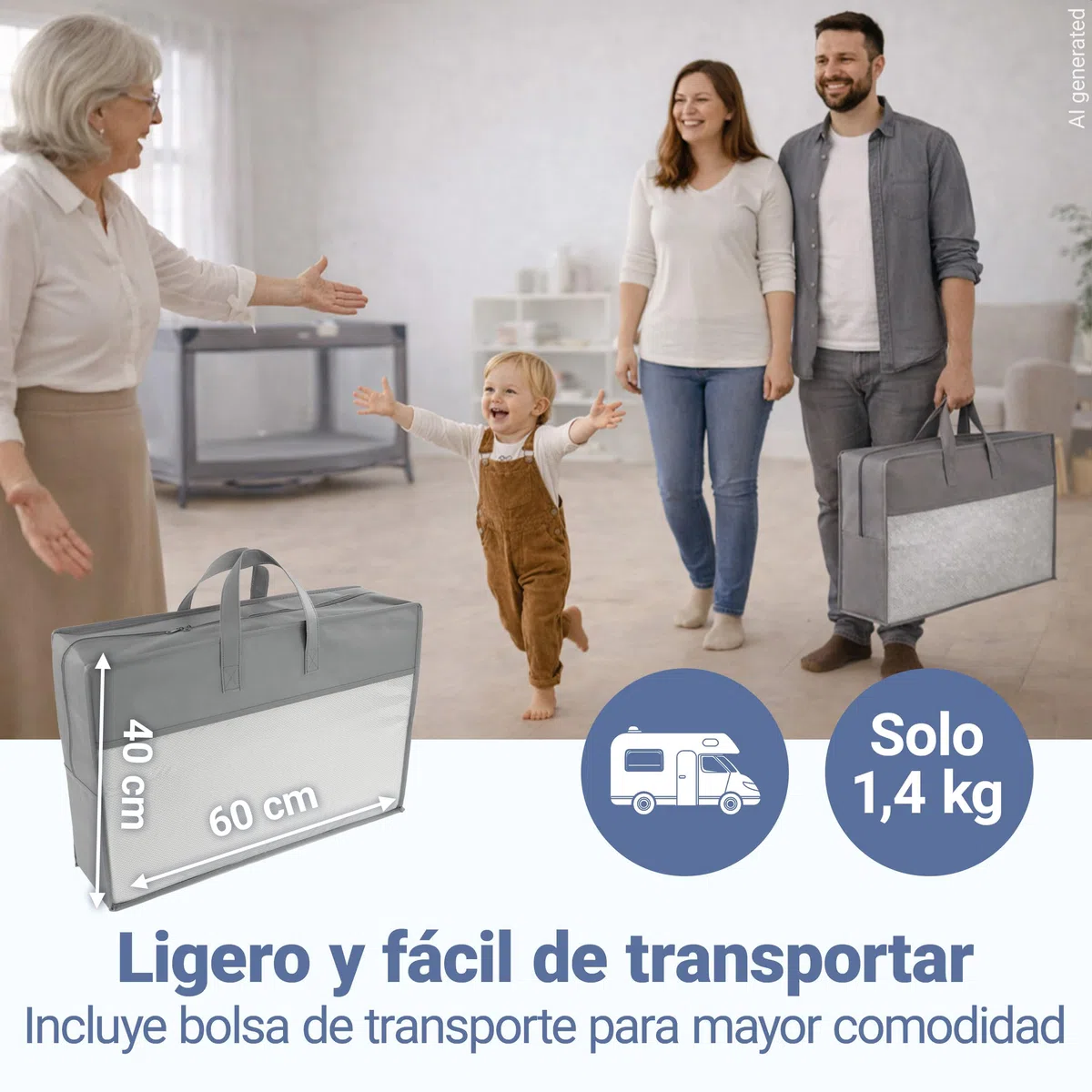 LaLoona Colchon Cuna 60x120 cm de Viaje Portátil | Apto para Parque Infantil - 5 cm Grosor – Plegable con Funda Extraíble - Bolsa de Transporte - Transpirable - Lavable - Certificado Oeko-Tex - Gris