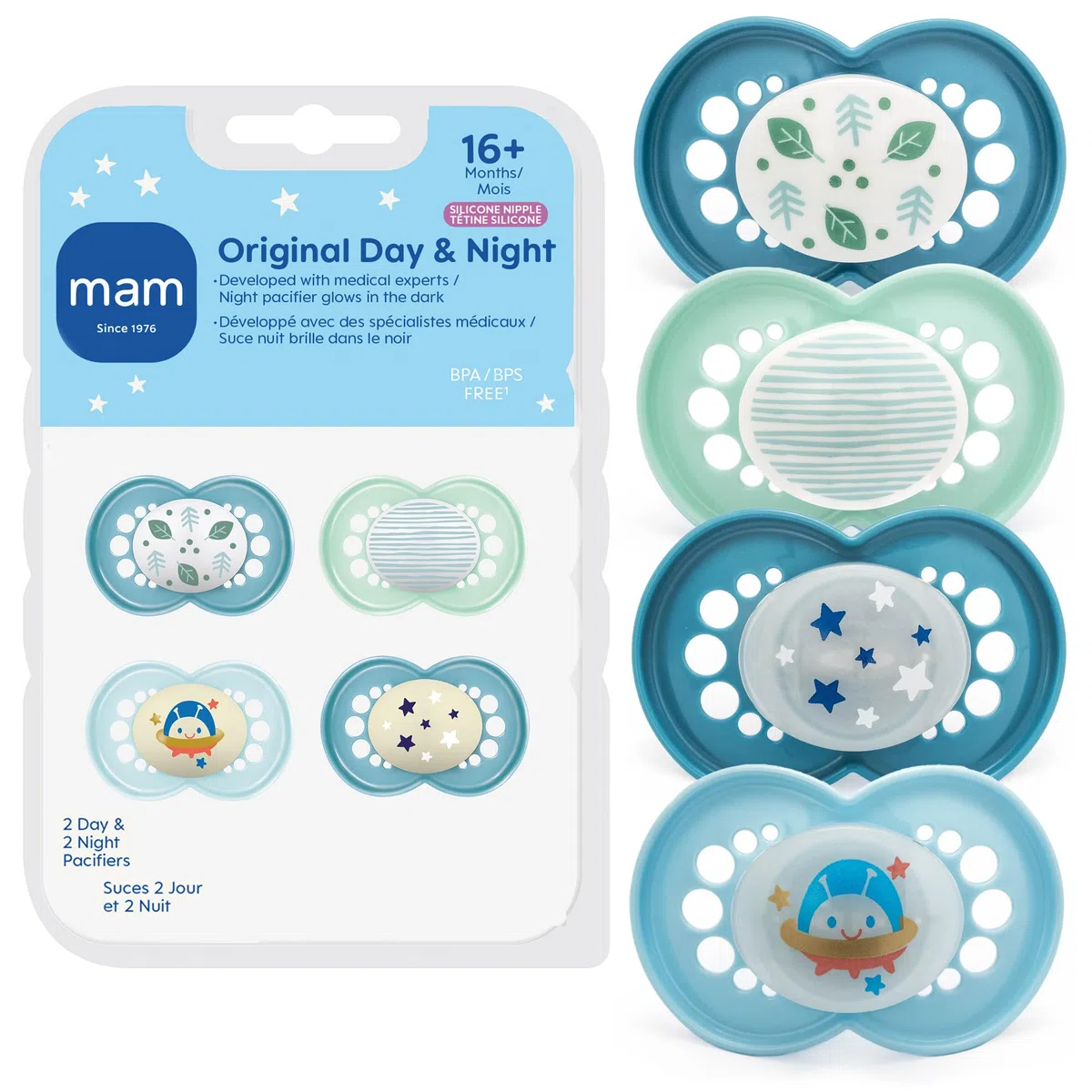 MAM Pacifiers Day & Night Pacifiers, Glow in The Dark Pacifier for Breastfed Babies, 16+ Mess, Boy