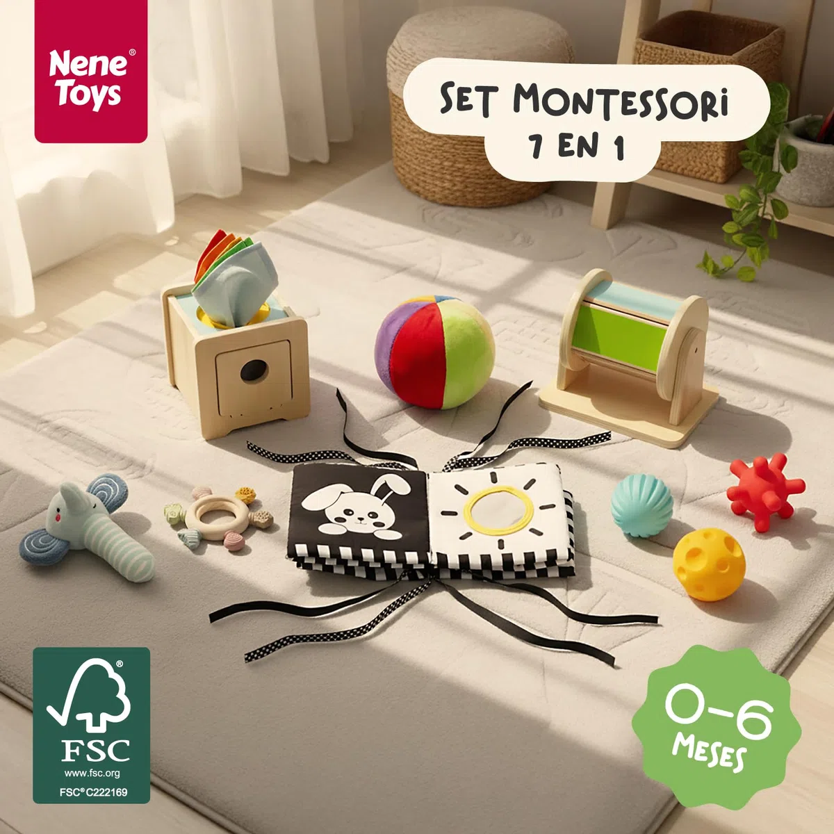 Nene Toys Juguetes Montessori Bebé 0–6 Meses – Caja Sensorial 7-en-1 con Libro Blanco y Negro, Caja Pañuelos, Tambor Madera Giratorio, Pelotas Sensoriales, Mordedor y Sonajero – Regalo Recién Nacido