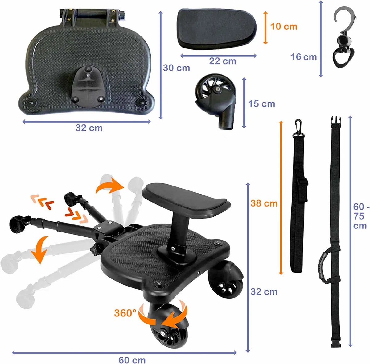 HELLO HIPPO® Patinete Carro Bebe Universal, Buggy Board con Asiento, Tabla para Cochecito con Cuerda Colgante, Accesorio para Cochecito para Niños de 2 a 6 Nños
