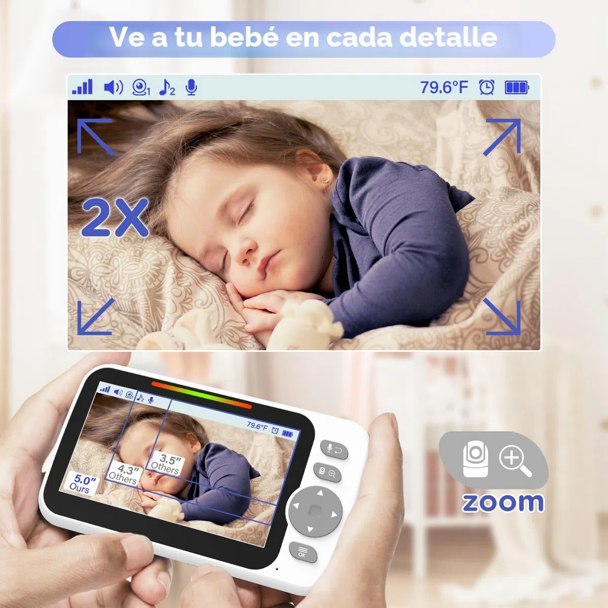 Blemil Monitor de bebé 5 Pulgadas, versión Mejorada con Pantalla Dividida – Vídeo Monitor de Gran tamaño con visión Nocturna | Cámara con Control Remoto de panorámica/inclinación/Zoom | Sin WiFi