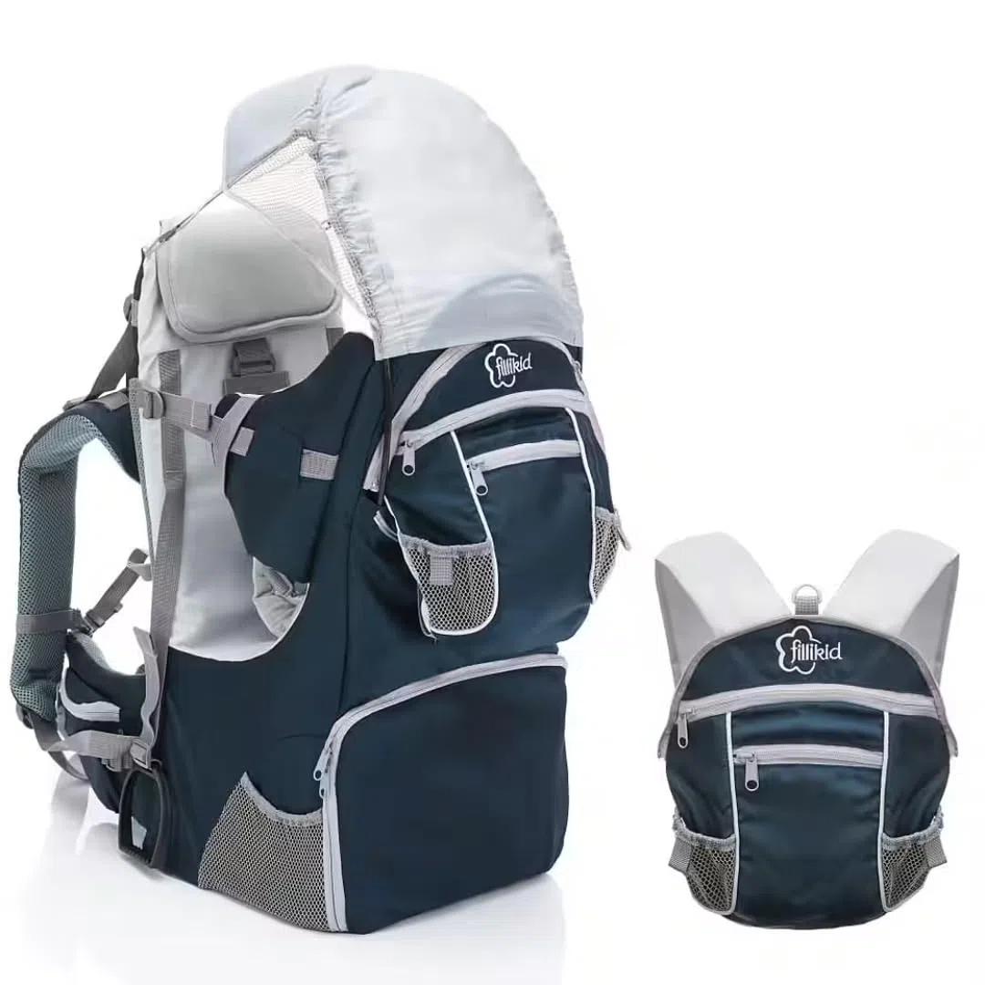 Fillikid Mochila Portabebés Senderismo - Portabebes Trekking desde 6 Meses hasta 18 kg, Mochila Bebe con Protección Solar, Mochila Infantil y Compartimentos de Almacenamiento - Azul/Gris