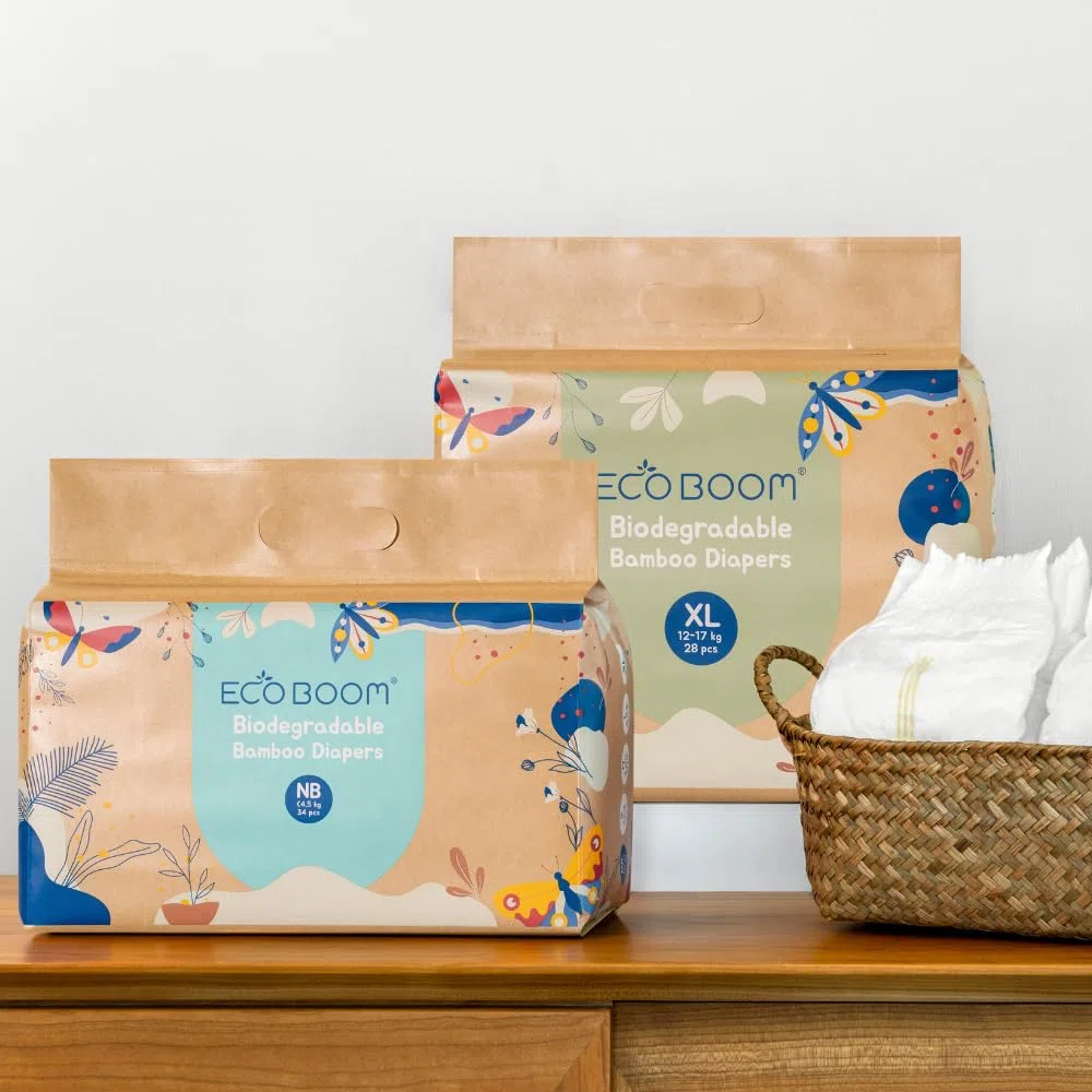 ECOBOOM JOY- Pañal Ecológico de BAMBÚ. 70% Biodegradable, Hipoalergénico (TALLA 3/M, 6-10 KG, PACK 4 BOLSAS - 128 pañales)