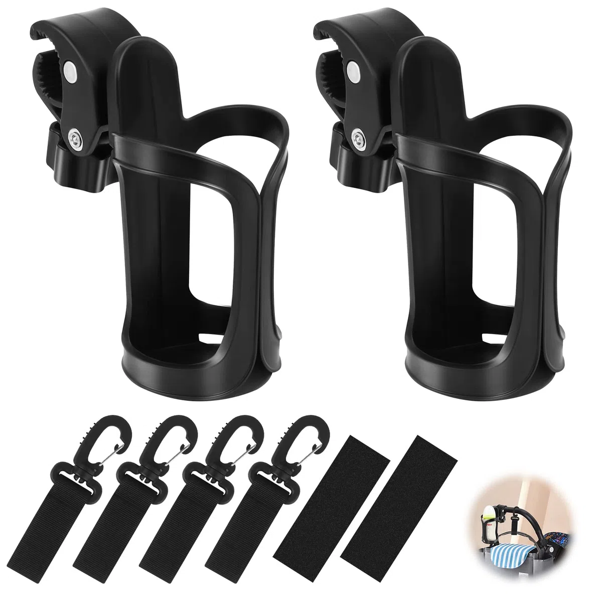 2Pcs Portavasos para Cochecito, Portabotellas Universal 360 °, Portavasos para Carrito Bebé, Soporte de Botellas para Cochecito con 4 Ganchos para Bicicletas Silla de Paseo(Negro)