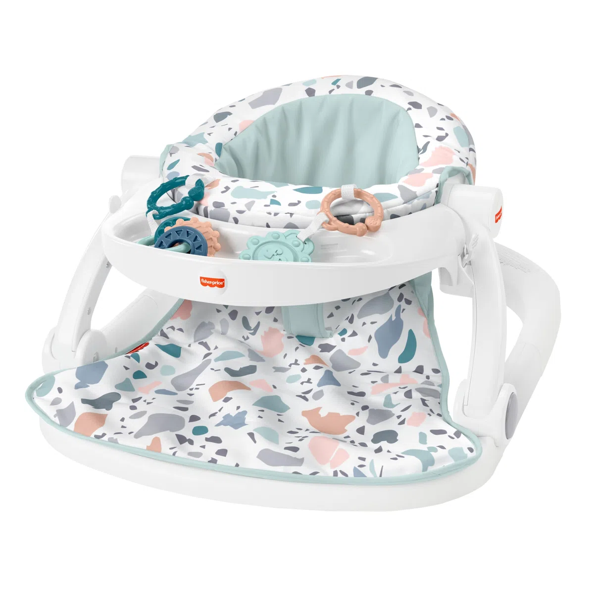 Fisher-Price Asiento para Suelo Plegable con Bandeja, Estampado terrazzo, Regalo para bebés hasta 11 kg (Mattel HBD68)