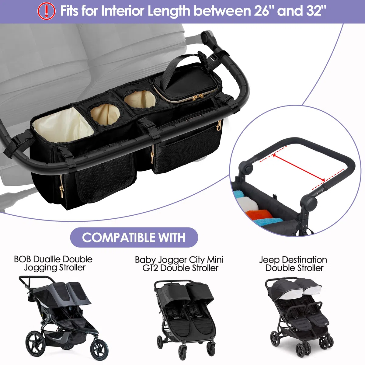 Organizador para Cochecito Doble Compatible con BOB Duallie y City Mini GT2 Cochecito Doble, Organizador para Cochecito Doble con Portavasos y Bolsa Nevera,Negro (Bolsa Vacía)