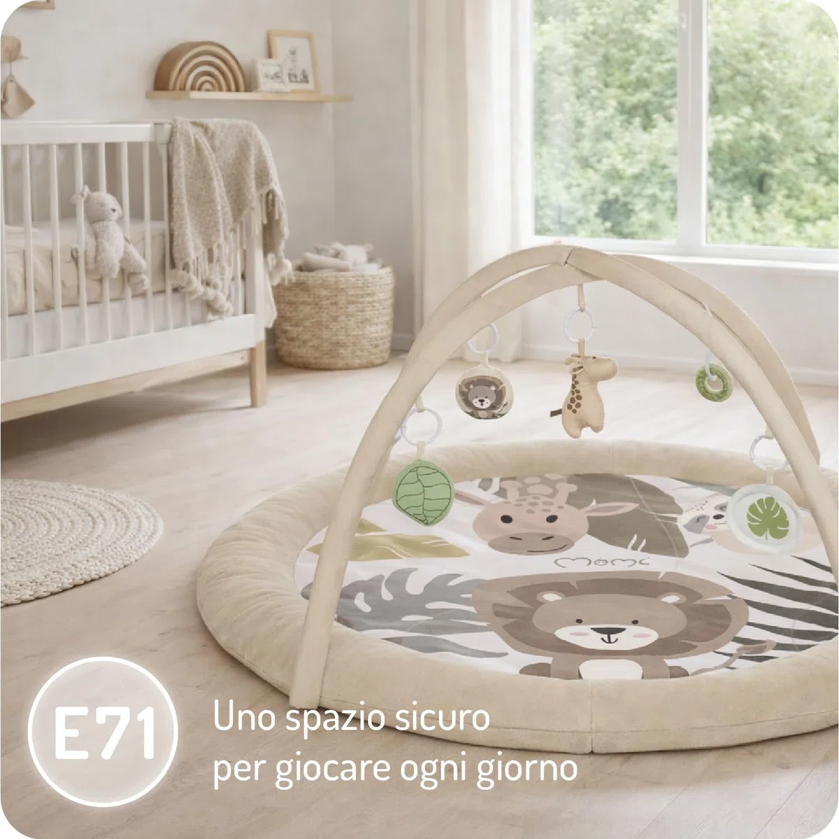 MoMi LUANI Arco de juego con alfombra para gatear, Ø 72 cm (interior), borde alto de 10 cm, 6 juguetes lavables: espejo, juguete con chirrido, jirafa de peluche con sonajero, dos mordedores