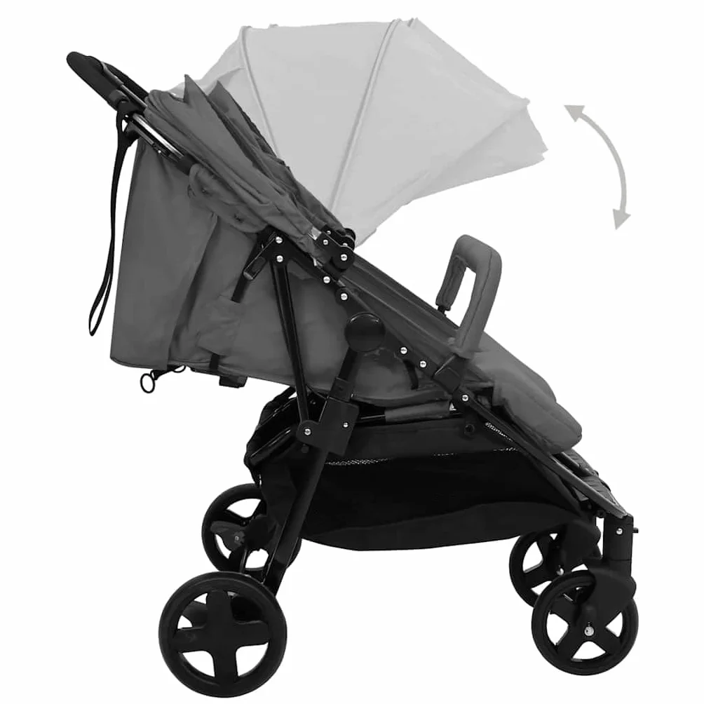vidaXL Carrito para Gemelos Cochecito Sillita Gemelar Silla de Paseo Canasta Niños Reposapiés Ajustable Dosel Plegable de Acero Gris Oscuro y Negro