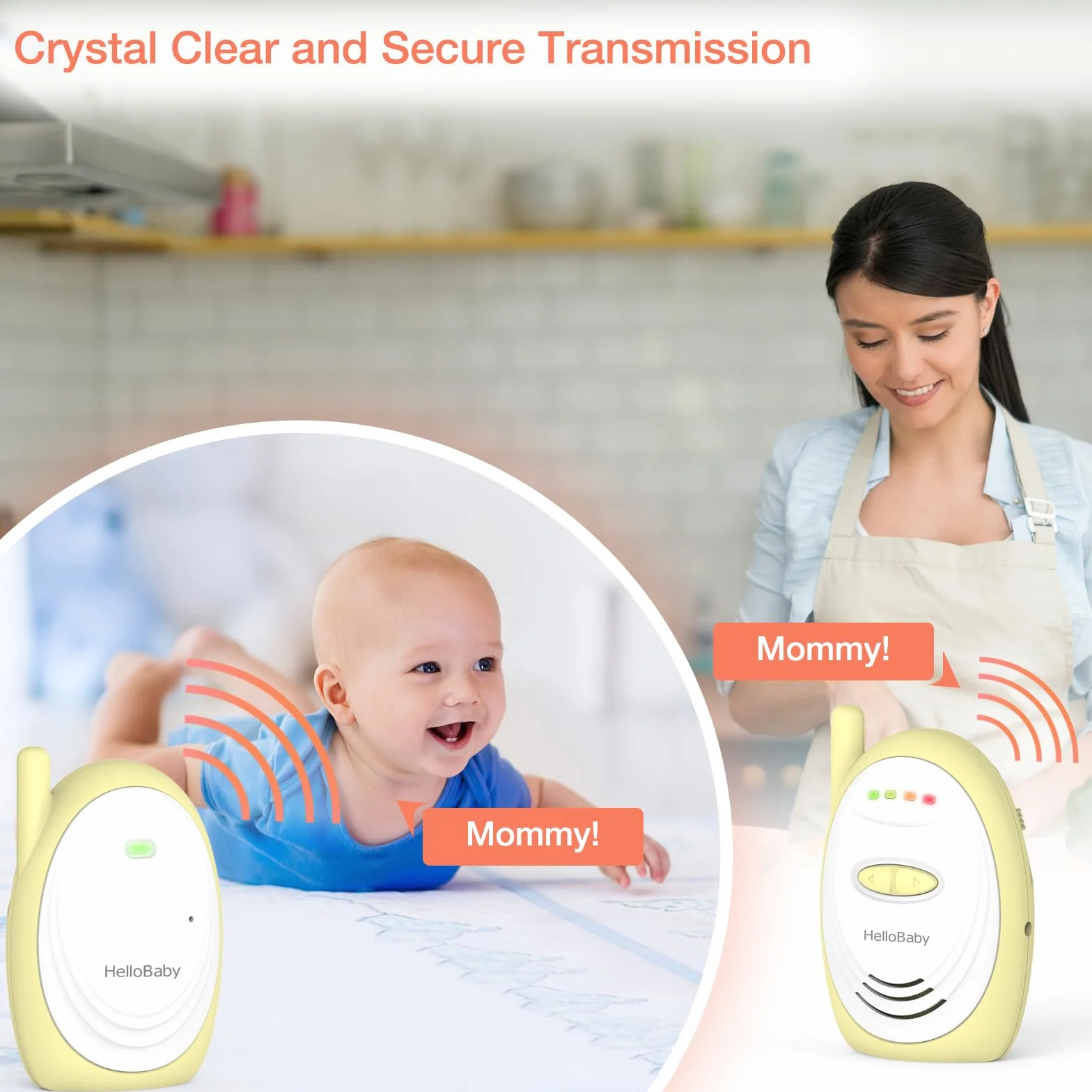 HelloBaby Vigilabebés Audio con Eco, Monitor para Bebés con micrófono de Alta sensibilidad, Intercomunicador Inalámbrico de 2,4 GHz con Tecnología DECT, Alcance de 300 Metros, Amarillo