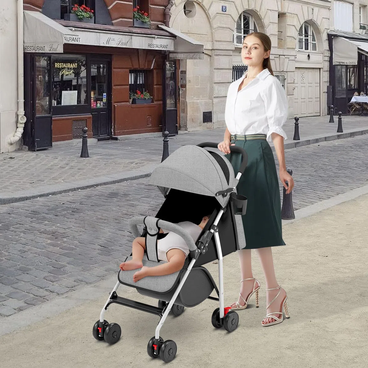 Cochecito de caña de bebé ultraligero, compacto, plegable e inclinable desde el nacimiento hasta 25 kg, con sistema Trolley, funda de lluvia y capó extensible, C-gris