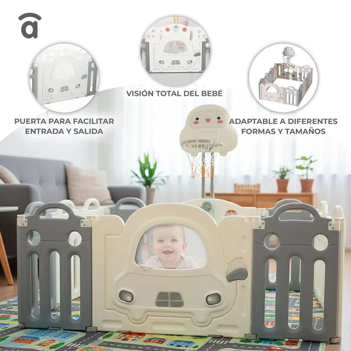 Asalvo Parque Bebé XL 160x120 cm con Canasta y Aros | Corralito Bebé Modular con 12 Paneles y Ventosas Antideslizantes | Parque Infantil Interior Exterior Montessori