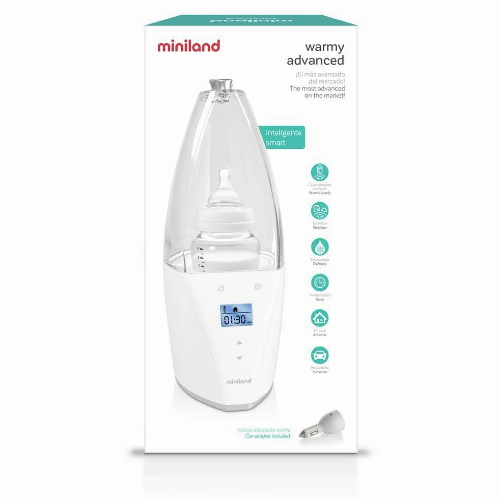 Miniland - Calienta Biberón Digital Ultra Rápido, Esteriliza Biberones Leche Materna Potitos, Casa o Coche, Pantalla RetroIluminada, Calcula Automáticamente Tiempo Calentamiento, Temperatura Apropiada