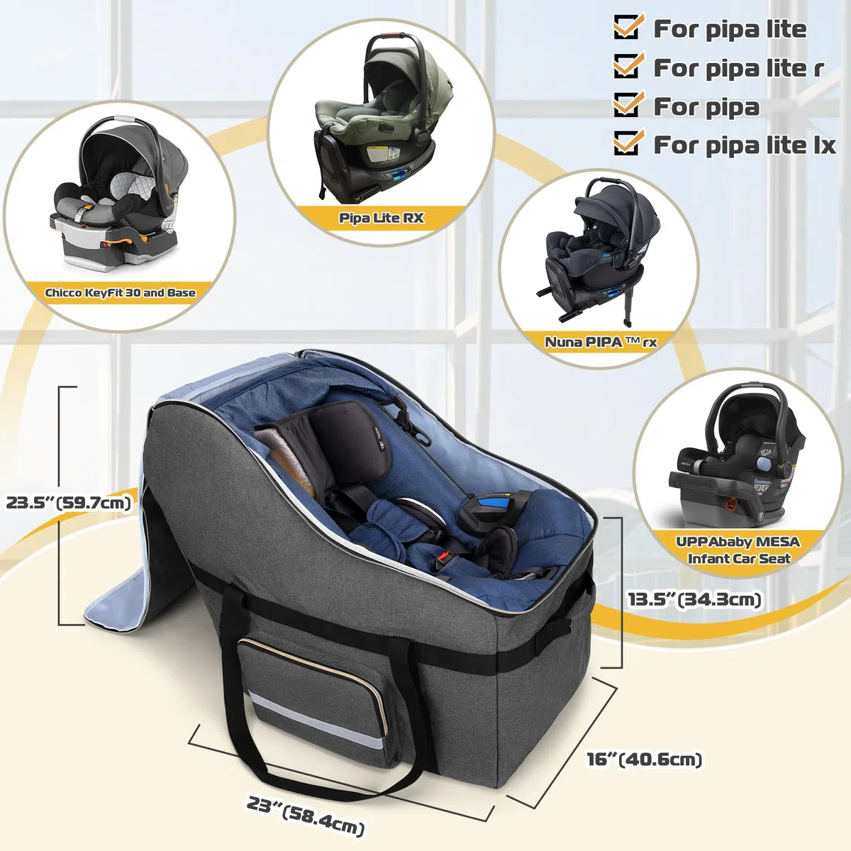 Teamoy Bolsa de Viaje para Asiento de Automóvil Infantil Compatible con Todos Los Asientos y Bases de Automóvil Nuna Pipa, Fundas de Asiento de Automóvil para Viajes en Avión, Gris