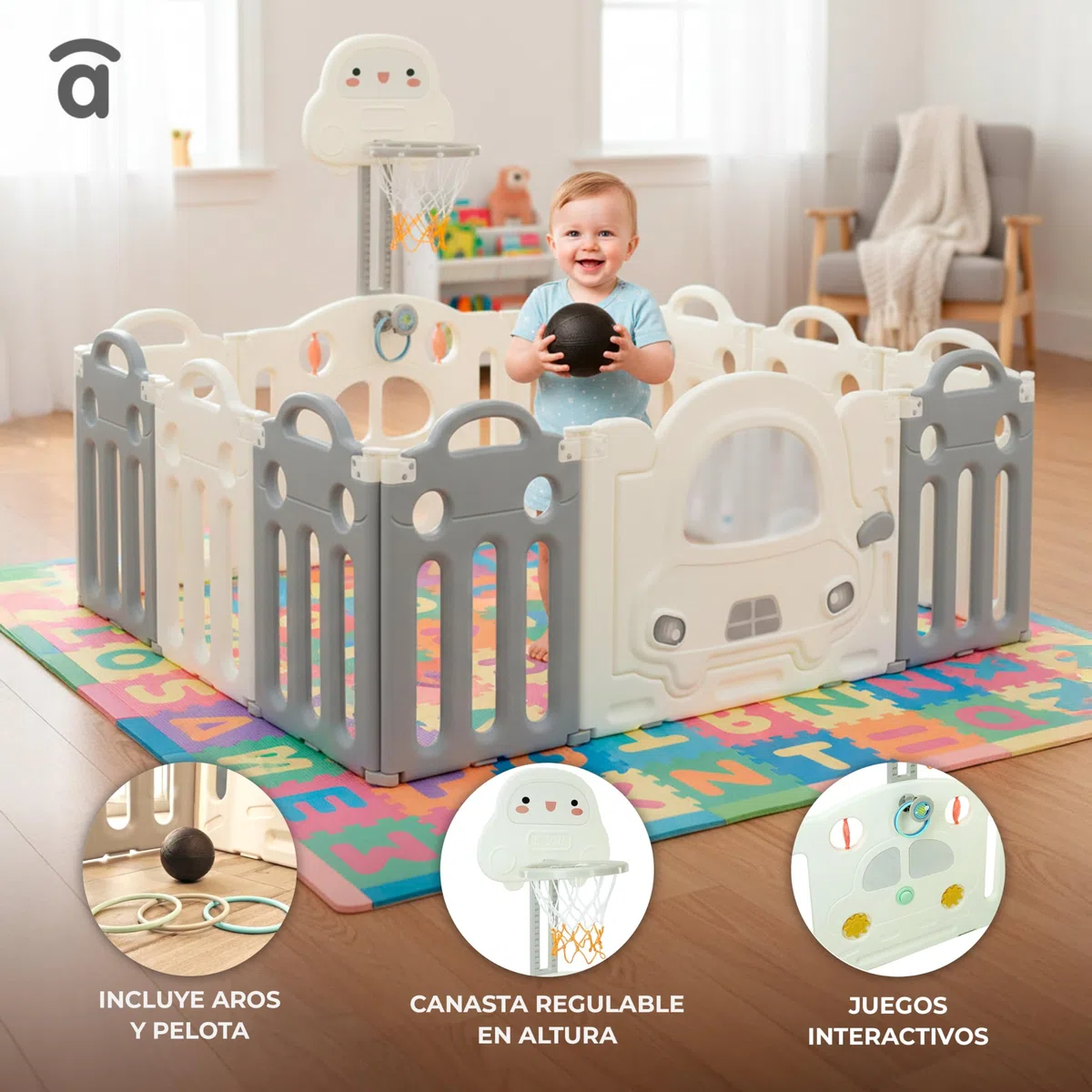 Asalvo Parque Bebé XL 160x120 cm con Canasta y Aros | Corralito Bebé Modular con 12 Paneles y Ventosas Antideslizantes | Parque Infantil Interior Exterior Montessori