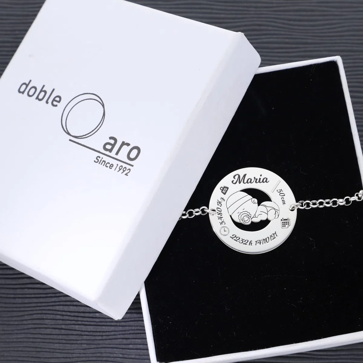 Pulsera de Nacimiento en Plata de Ley - Graba los datos de Nacimiento de tu Bebé - Ideal para la mejor mamá