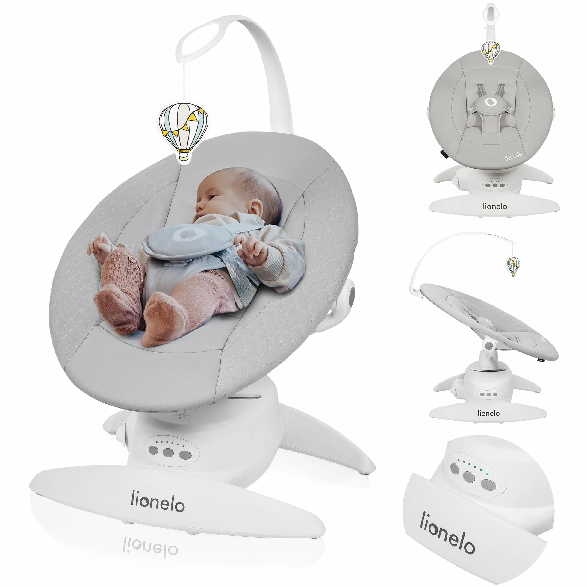 LIONELO Iris Hamaca Mecedora Eléctrica Giratoria 360º para Bebés de hasta 9 kg con Ajuste del Respaldo, 5 Velocidades de Balanceo, Cinturones de Seguridad Antideslizante (Grey)