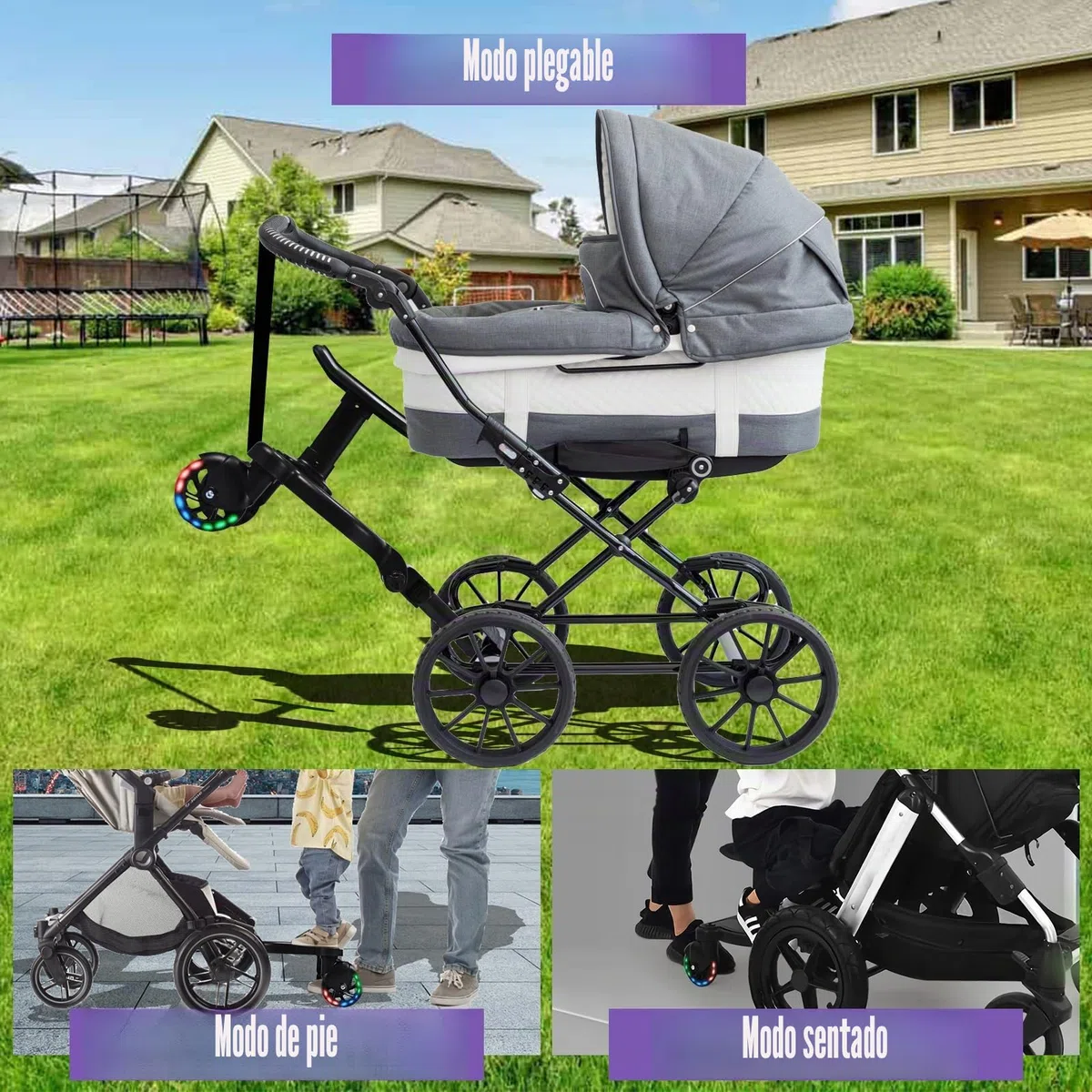 Patinete Carro Bebe Universal, Buggy Board con Asiento y Ruedas LED, Accesorio para Cochecito, Para Niños de 2 a 6 Nños, Cargar 25KG