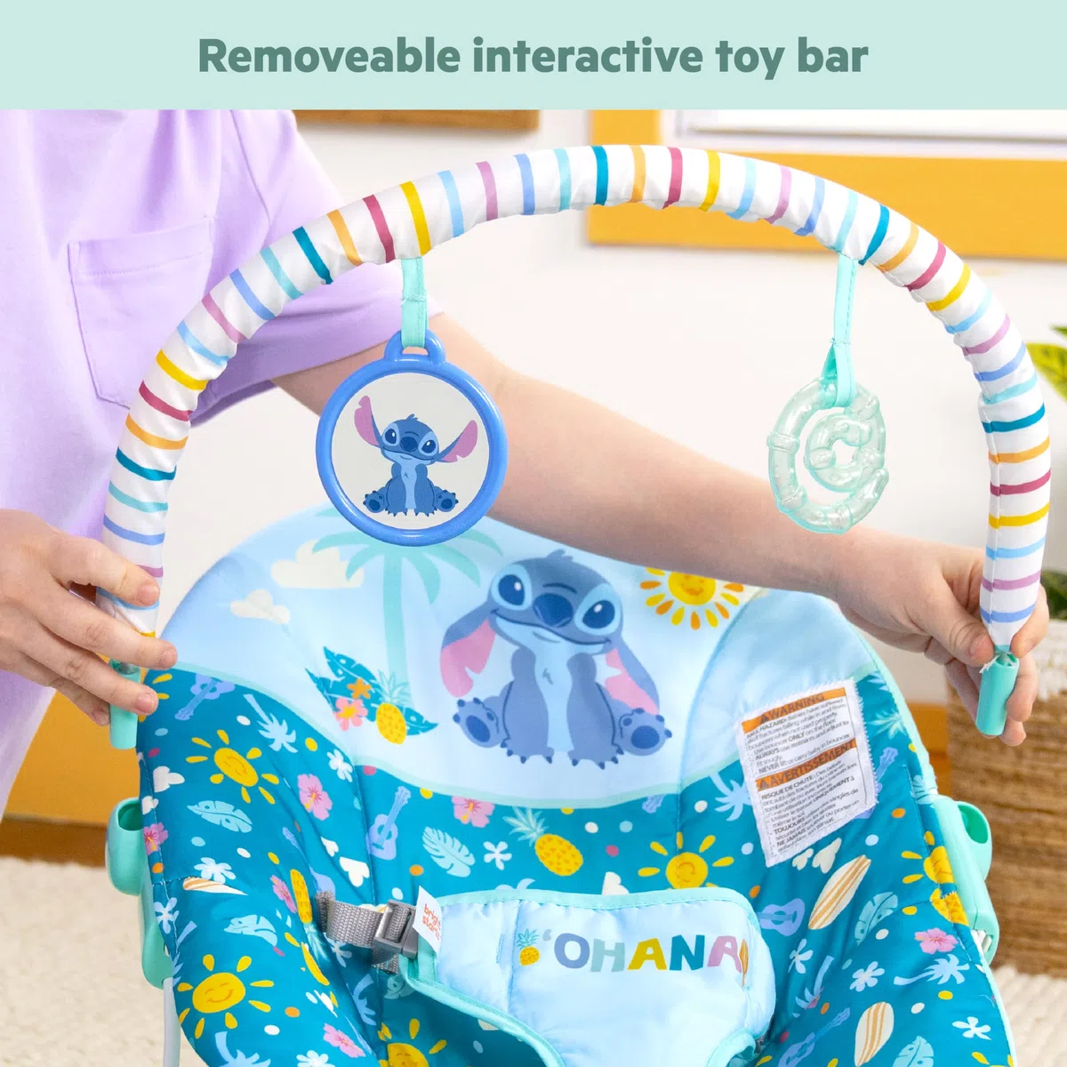 Disney Stitch Hamaca vibratoria para bebé Ohana Paradise de Bright Starts, Barra de juguetes desmontable, 2 juguetes incluidos, para 0-6 meses