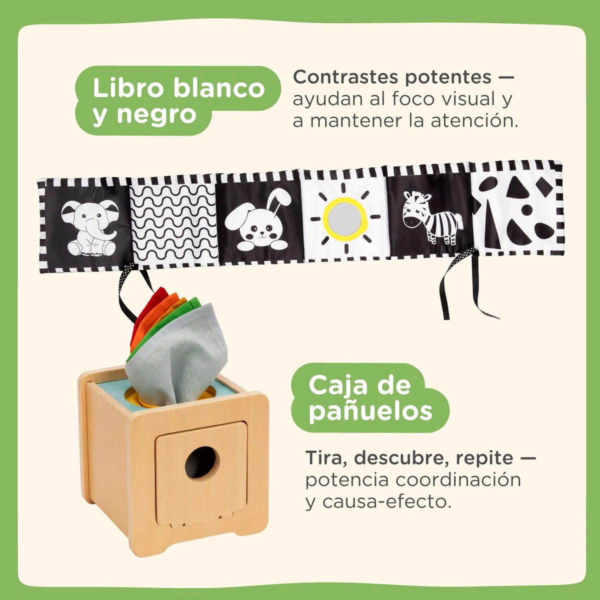 Nene Toys Juguetes Montessori Bebé 0–6 Meses – Caja Sensorial 7-en-1 con Libro Blanco y Negro, Caja Pañuelos, Tambor Madera Giratorio, Pelotas Sensoriales, Mordedor y Sonajero – Regalo Recién Nacido