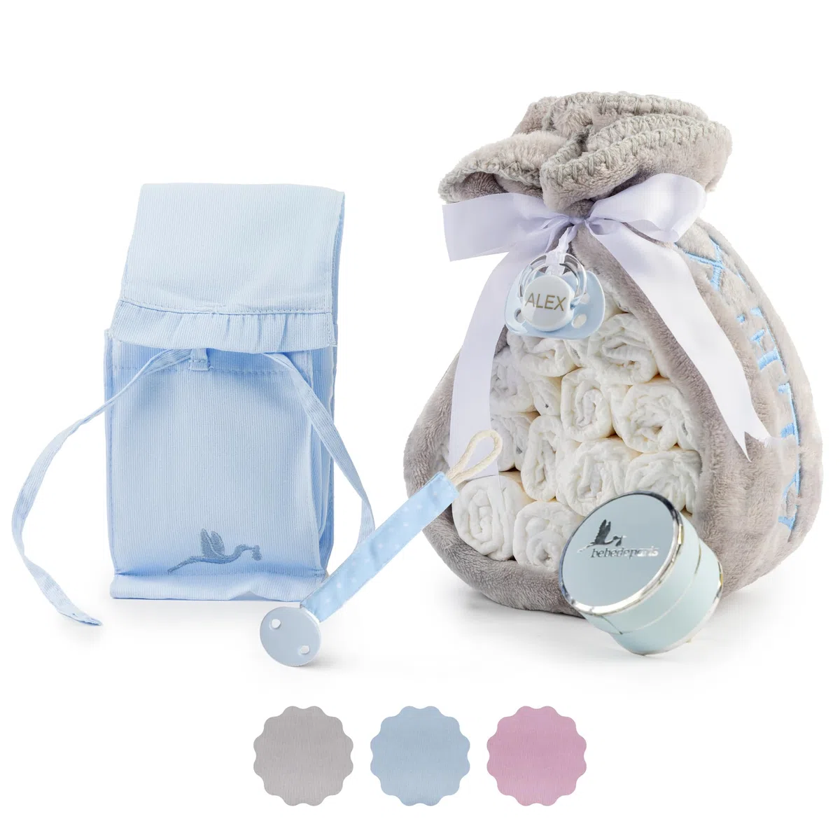 Tarta de Pañales para Recién Nacida con Manta Bordada + 15 Pañales Talla 2 + Chupete Personalizado Azul | BebeDeParis