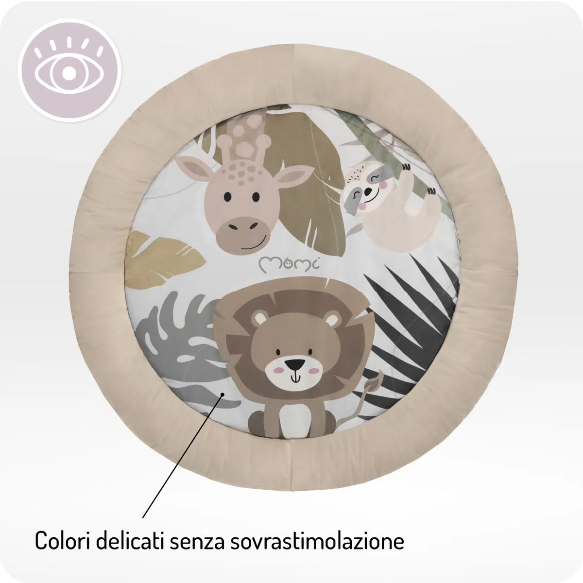 MoMi LUANI Arco de juego con alfombra para gatear, Ø 72 cm (interior), borde alto de 10 cm, 6 juguetes lavables: espejo, juguete con chirrido, jirafa de peluche con sonajero, dos mordedores