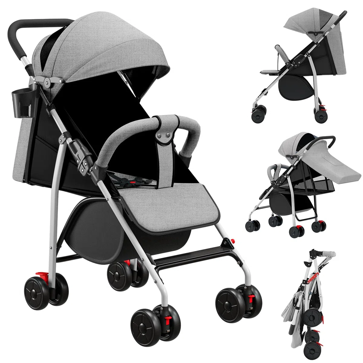 Cochecito de caña de bebé ultraligero, compacto, plegable e inclinable desde el nacimiento hasta 25 kg, con sistema Trolley, funda de lluvia y capó extensible, C-gris