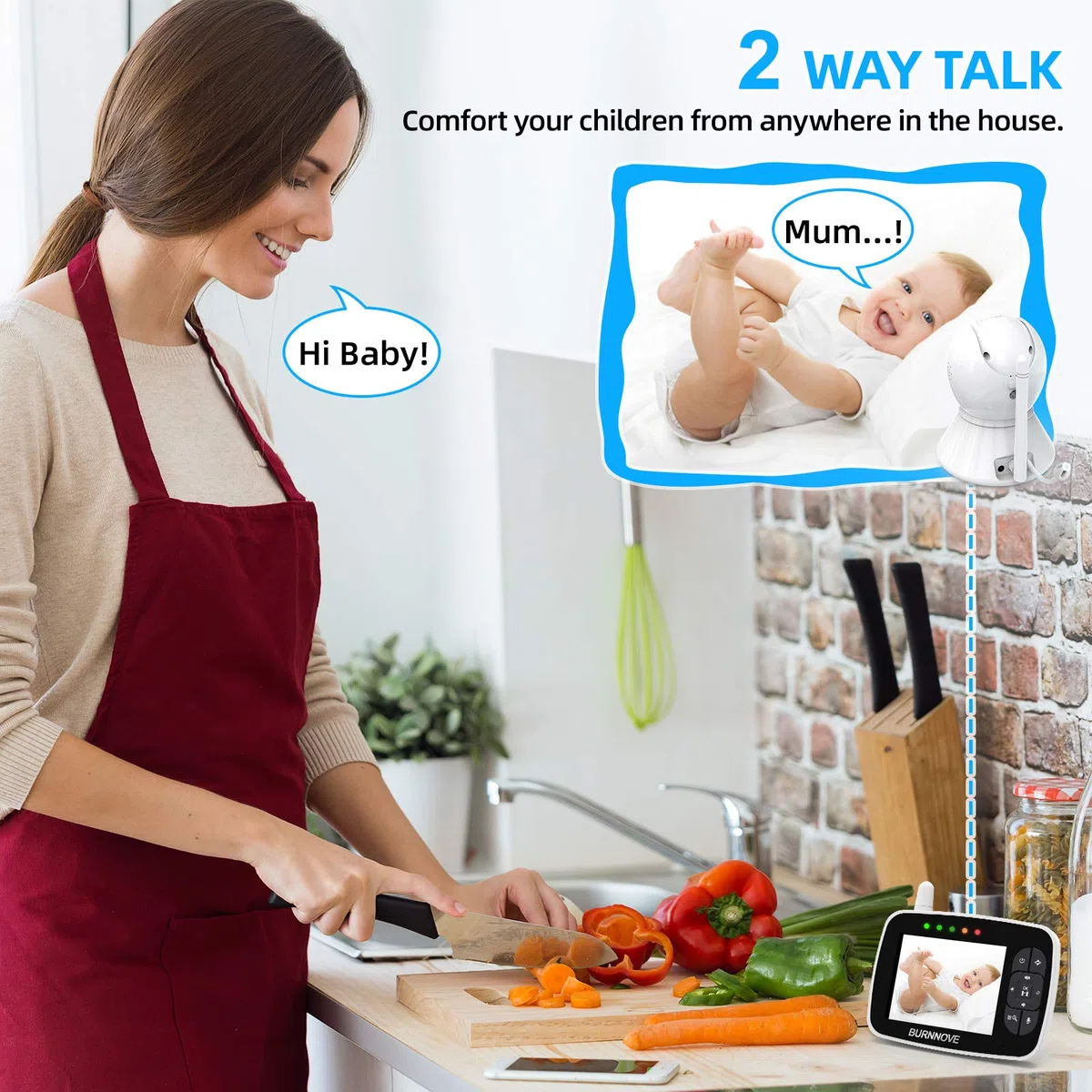 BURNNOVE Bebé Monitor, Vigilabebés con Cámara y Audio con Pantalla LCD de 3.5", 355 ° / 120 ° Giratorio, Zoom 2X, Modo Eco Visión Nocturna, Comunicación Bidireccional y Sensor de Temperatura