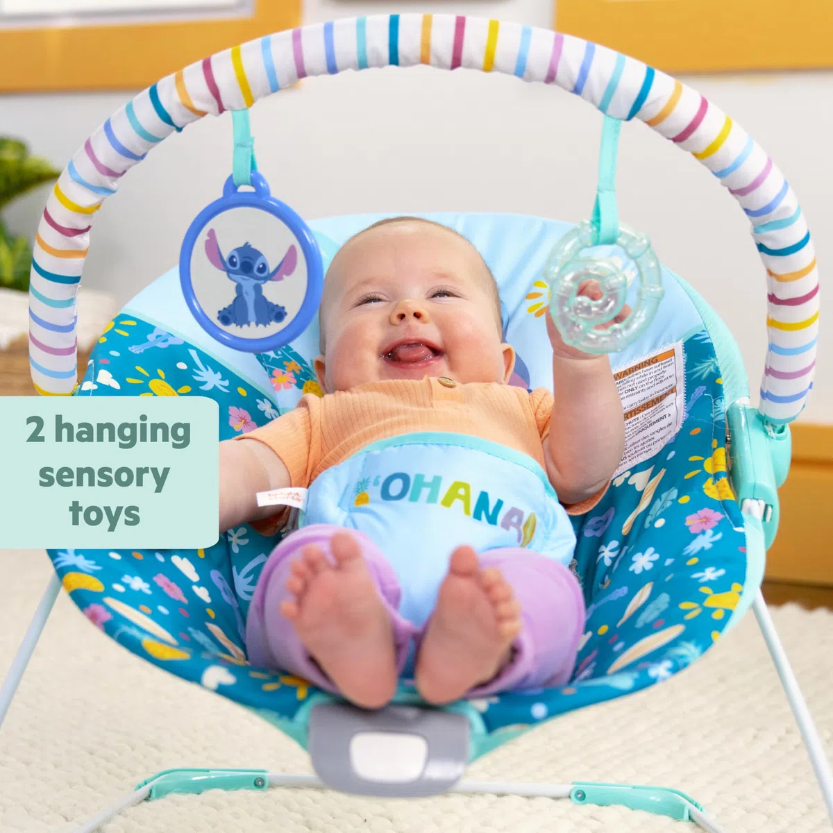 Disney Stitch Hamaca vibratoria para bebé Ohana Paradise de Bright Starts, Barra de juguetes desmontable, 2 juguetes incluidos, para 0-6 meses