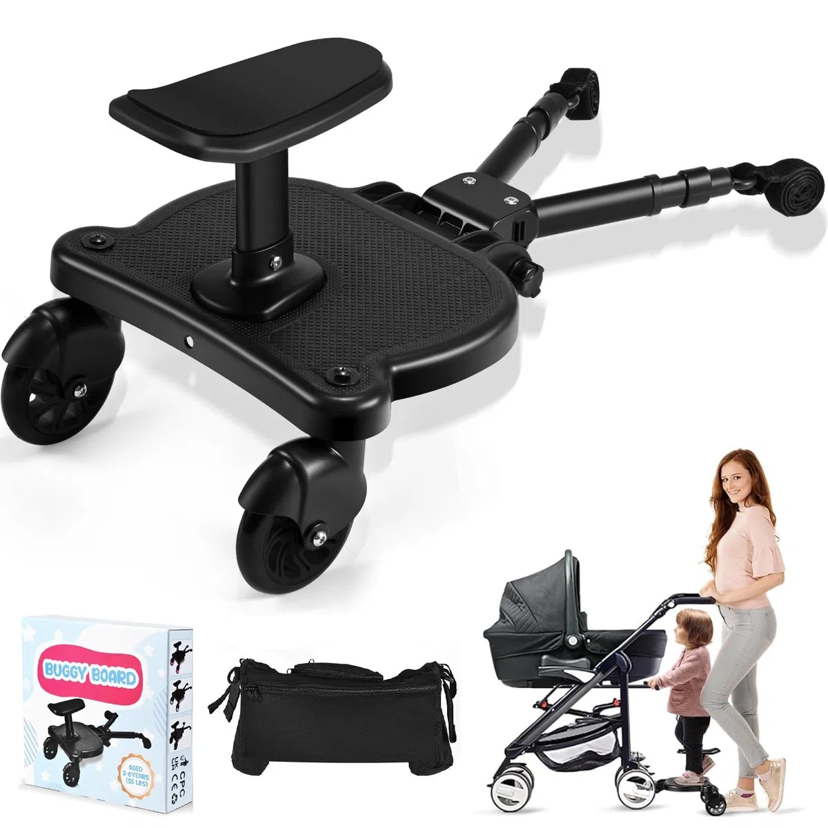 Mevip Patinete Carro Bebe Universal, Buggy Board con Asiento, Tabla para Cochecito con Bolsa de Almacenamiento, Accesorio para Cochecito para Niños de 2 a 6 Nños (55 LB)
