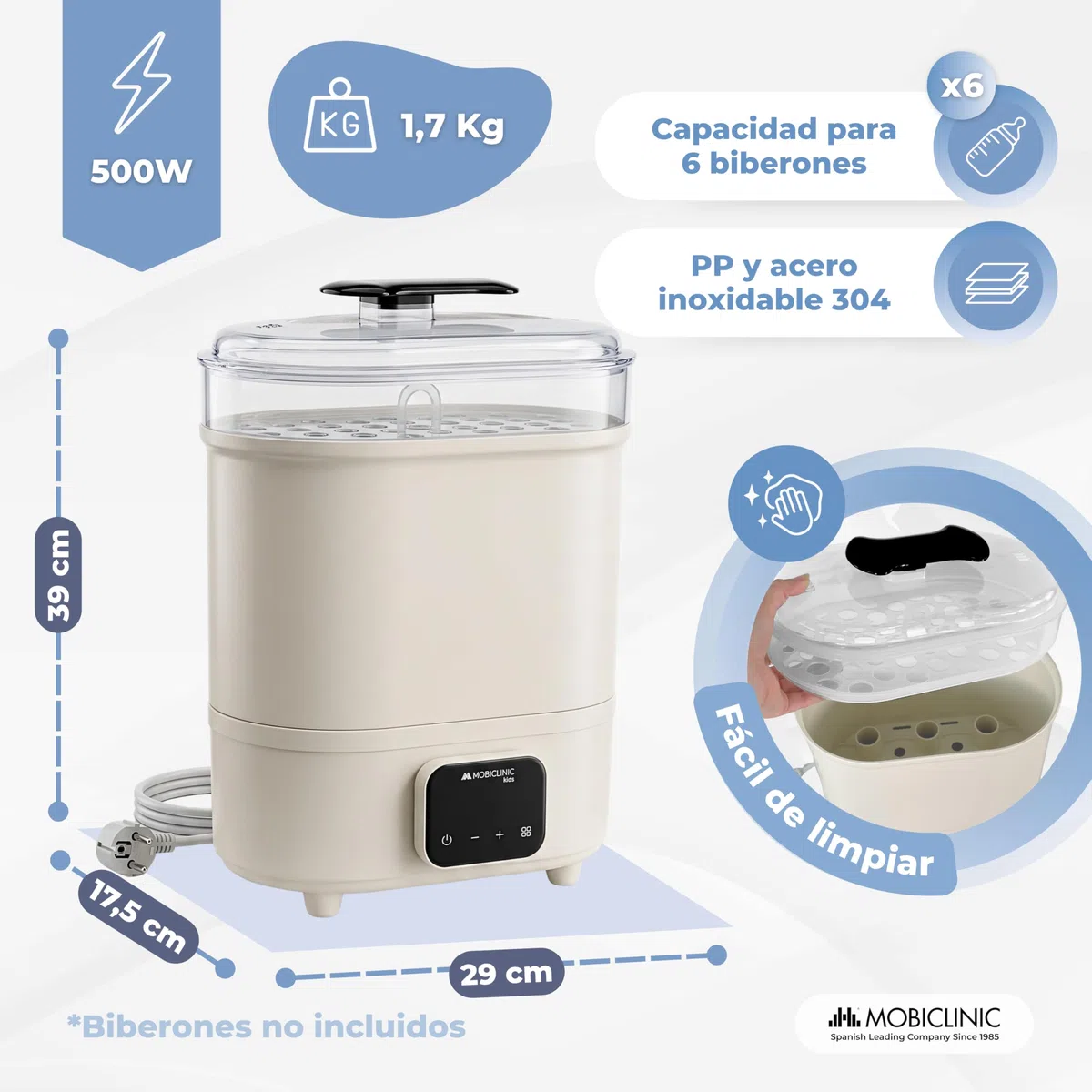 Mobiclinic®, Esterilizador de Biberones, 4 en 1, Hasta 6 Biberones, Seca, Mantiene la Temperatura, Modo Automático, Chupetes y Sacaleches, Pantalla LCD, Compacto, Mobibi