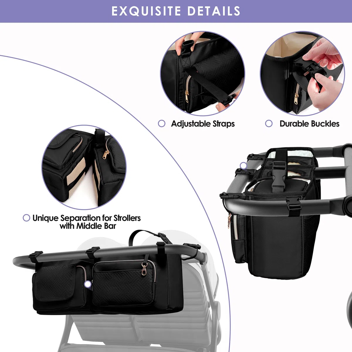 Organizador para Cochecito Doble Compatible con BOB Duallie y City Mini GT2 Cochecito Doble, Organizador para Cochecito Doble con Portavasos y Bolsa Nevera,Negro (Bolsa Vacía)